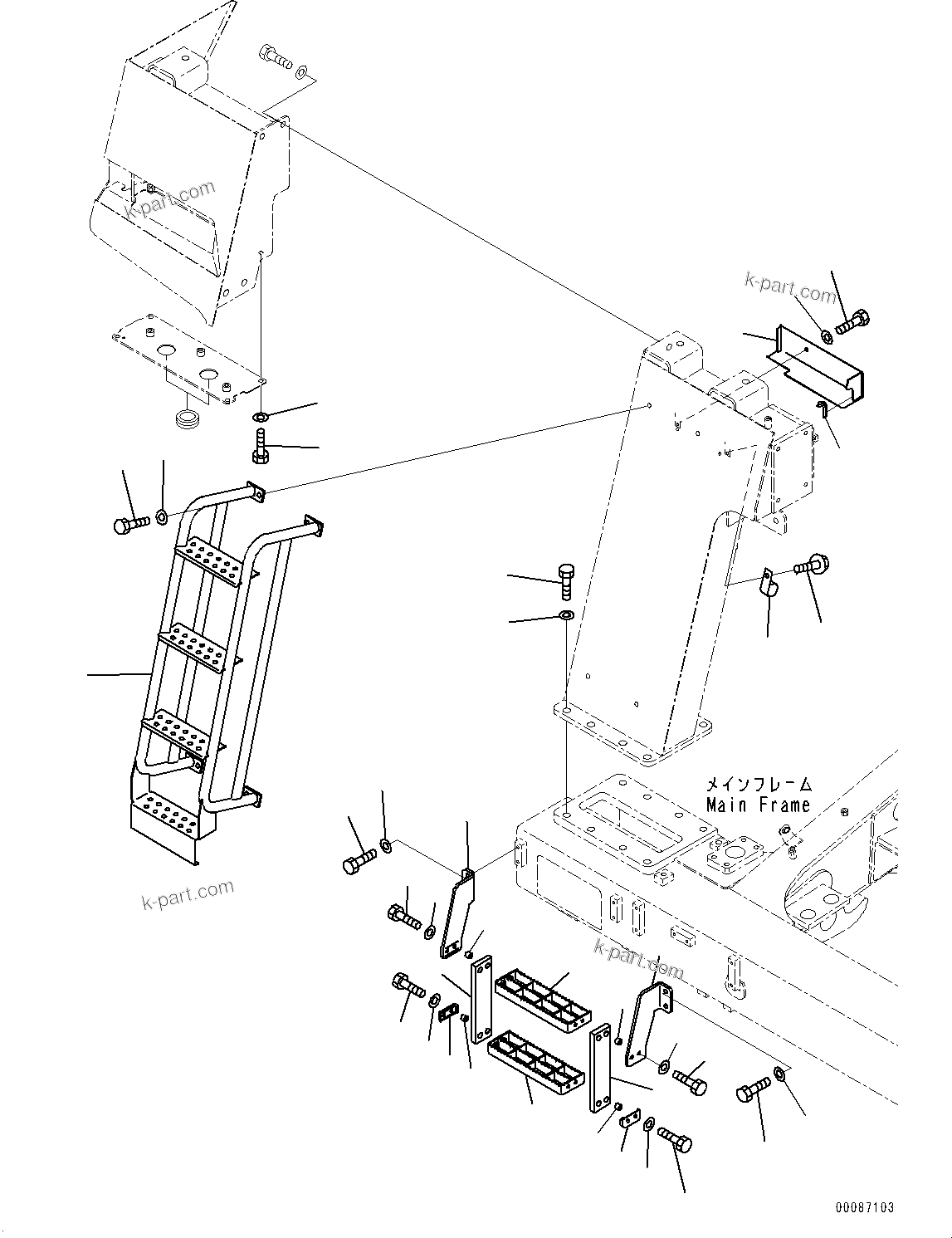 Komatsu parts book diagram for HD465-7E1 S/N 20001-UP (For EU): FRONT SUPPORT, MOUNTING, R.H. (#20001-)