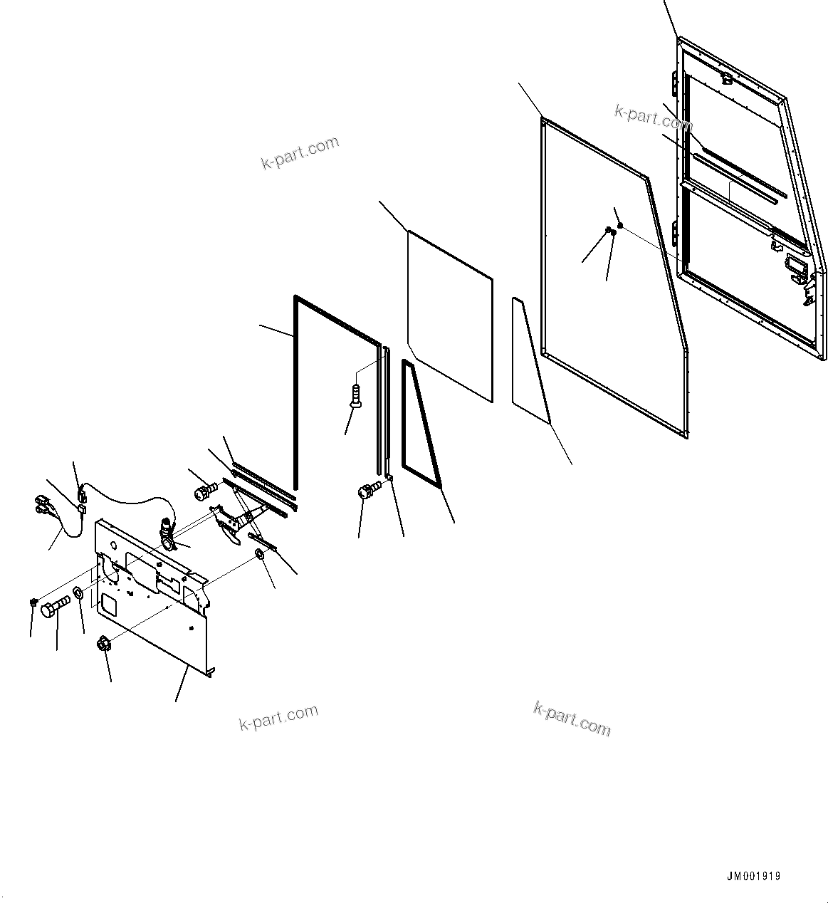 Komatsu parts book diagram for HD465-7E1 S/N 20001-UP (For EU): CAB, DOOR, L.H. (#20001-)