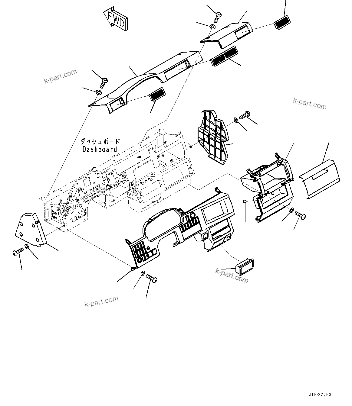 Komatsu parts book diagram for HD465-7E1 S/N 20001-UP (For EU): CAB, DASHBOARD COVER (#20001-)