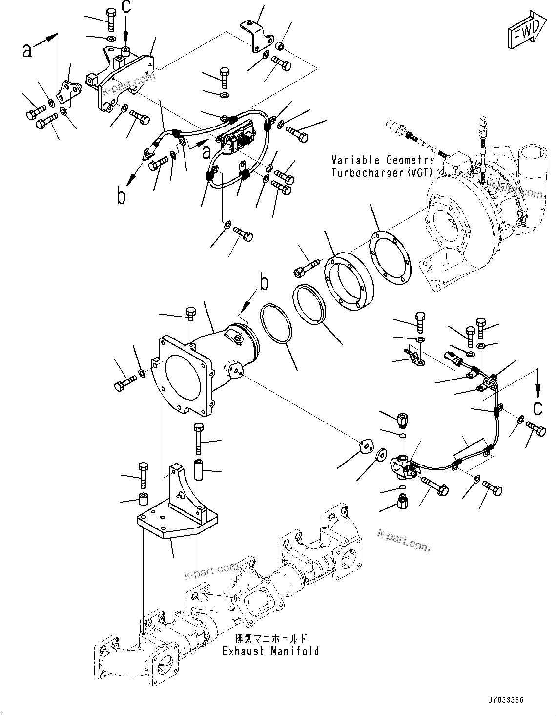 Komatsu parts book diagram for SAA6D140E-7D S/N 830556-UP (For PC650LC-11): VARIABLE GEOMETRY TURBOCHARGER (VGT), KOMATSU DIESEL PARTICULATE FILTER (KDPF) CONNECTOR (#830556-)