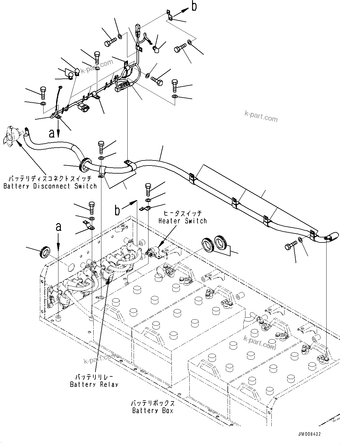 Komatsu parts book diagram for HD605-8 S/N 30072-UP (For KAL): BATTERY BOX, BATTERY CABLE (#30001-)
