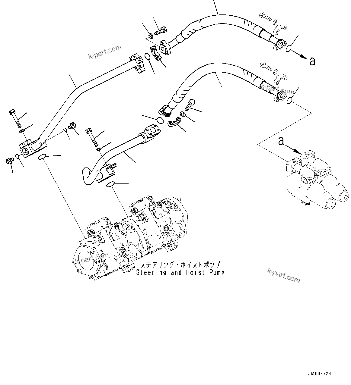 Komatsu parts book diagram for HD605-8 S/N 30072-UP (For KAL): TORQUE CONVERTER AND TRANSMISSION, STEERING AND HOIST PIPING (2/4) (#30001-)