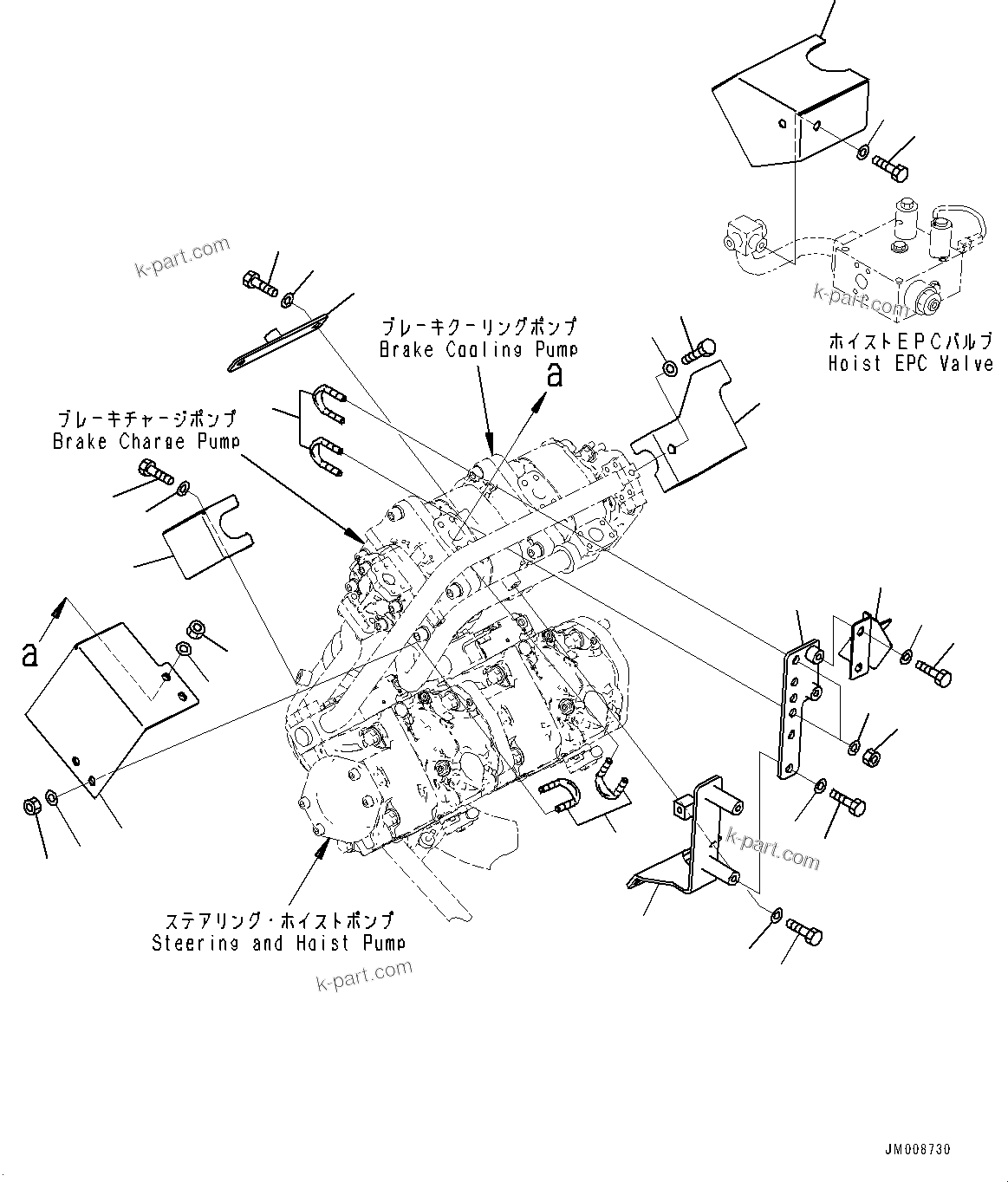 Komatsu parts book diagram for HD605-8 S/N 30072-UP (For KAL): TORQUE CONVERTER AND TRANSMISSION, BRACKET (1/2) (#30001-)