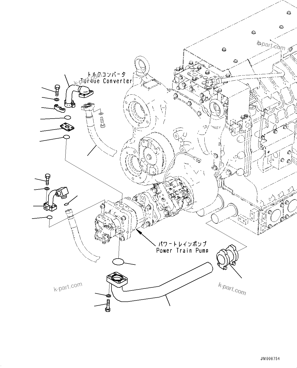 Komatsu parts book diagram for HD605-8 S/N 30072-UP (For KAL): TORQUE CONVERTER AND TRANSMISSION, POWER TRAIN PUMP PIPING (#30001-)