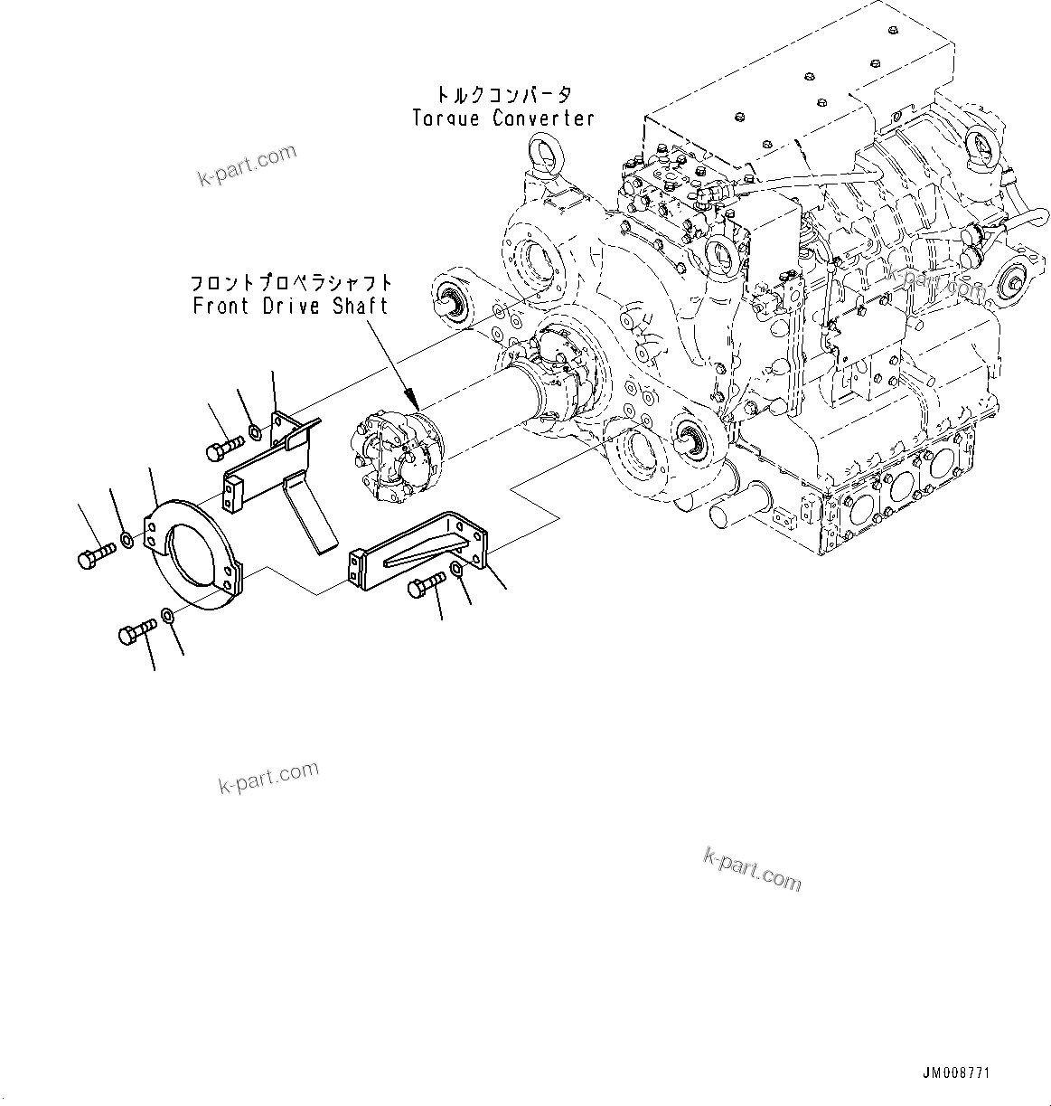 Komatsu parts book diagram for HD605-8 S/N 30072-UP (For KAL): TORQUE CONVERTER AND TRANSMISSION, DRIVE SHAFT GUARD (#30001-)