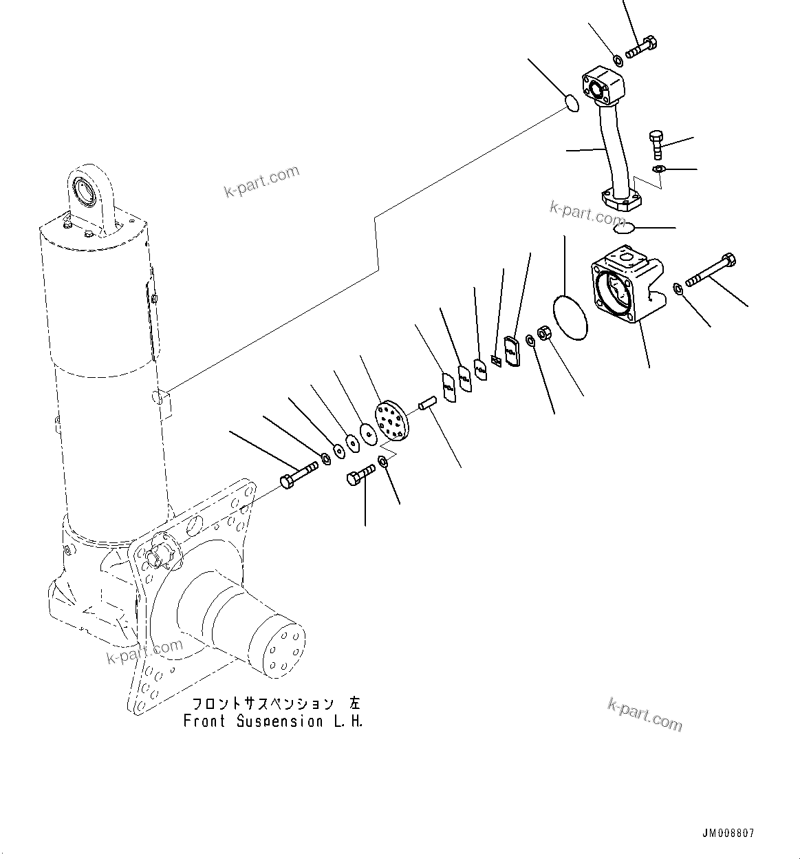 Komatsu parts book diagram for HD605-8 S/N 30072-UP (For KAL): FRONT AXLE, SUSPENSION CYLINDER, L.H. (1/2) (#30001-)