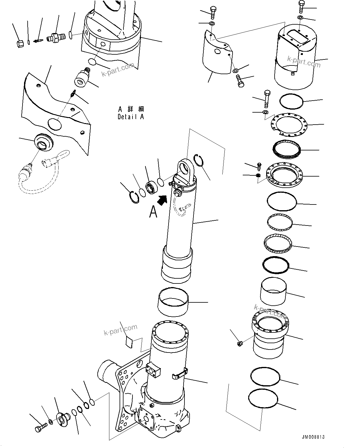 Komatsu parts book diagram for HD605-8 S/N 30072-UP (For KAL): FRONT AXLE, SUSPENSION CYLINDER, R.H. (2/2) (#30001-)