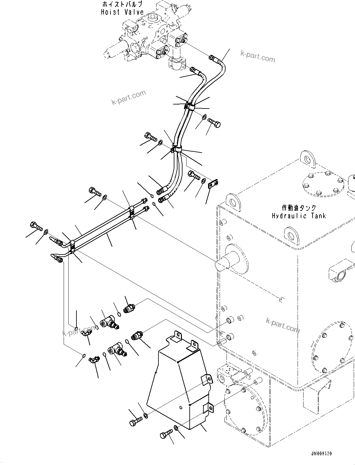 Komatsu parts book diagram for HD605-8 S/N 30072-UP (For KAL): HYDRAULIC TANK, HOIST VALVE PIPING (3/3) (#30001-)
