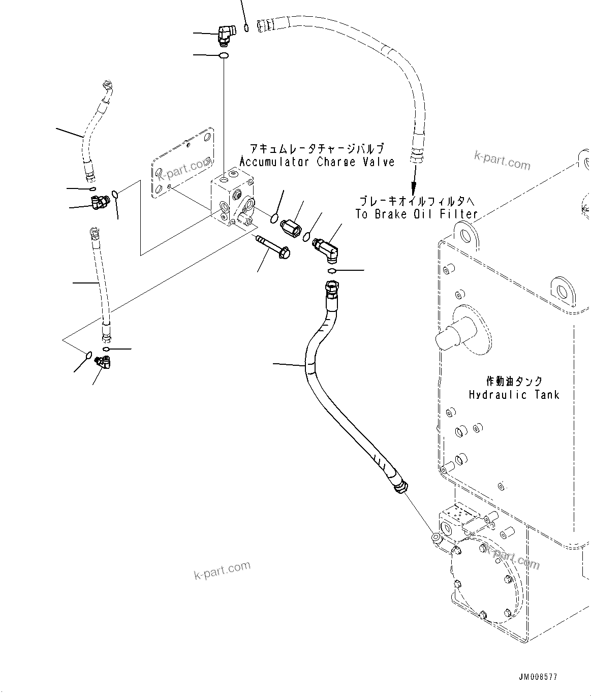 Komatsu parts book diagram for HD605-8 S/N 30072-UP (For KAL): HYDRAULIC TANK, ACCUMULATOR CHARGE VALVE PIPING (#30001-)