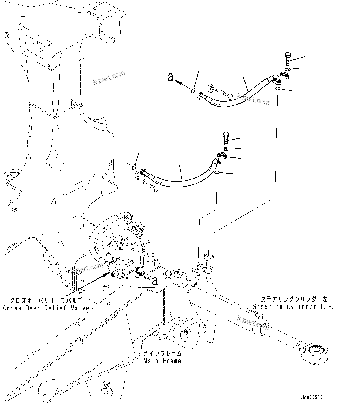 Komatsu parts book diagram for HD605-8 S/N 30072-UP (For KAL): STEERING AND HOIST HYDRAULIC PIPING, STEERING CYLINDER PIPING, L.H. (#30001-)