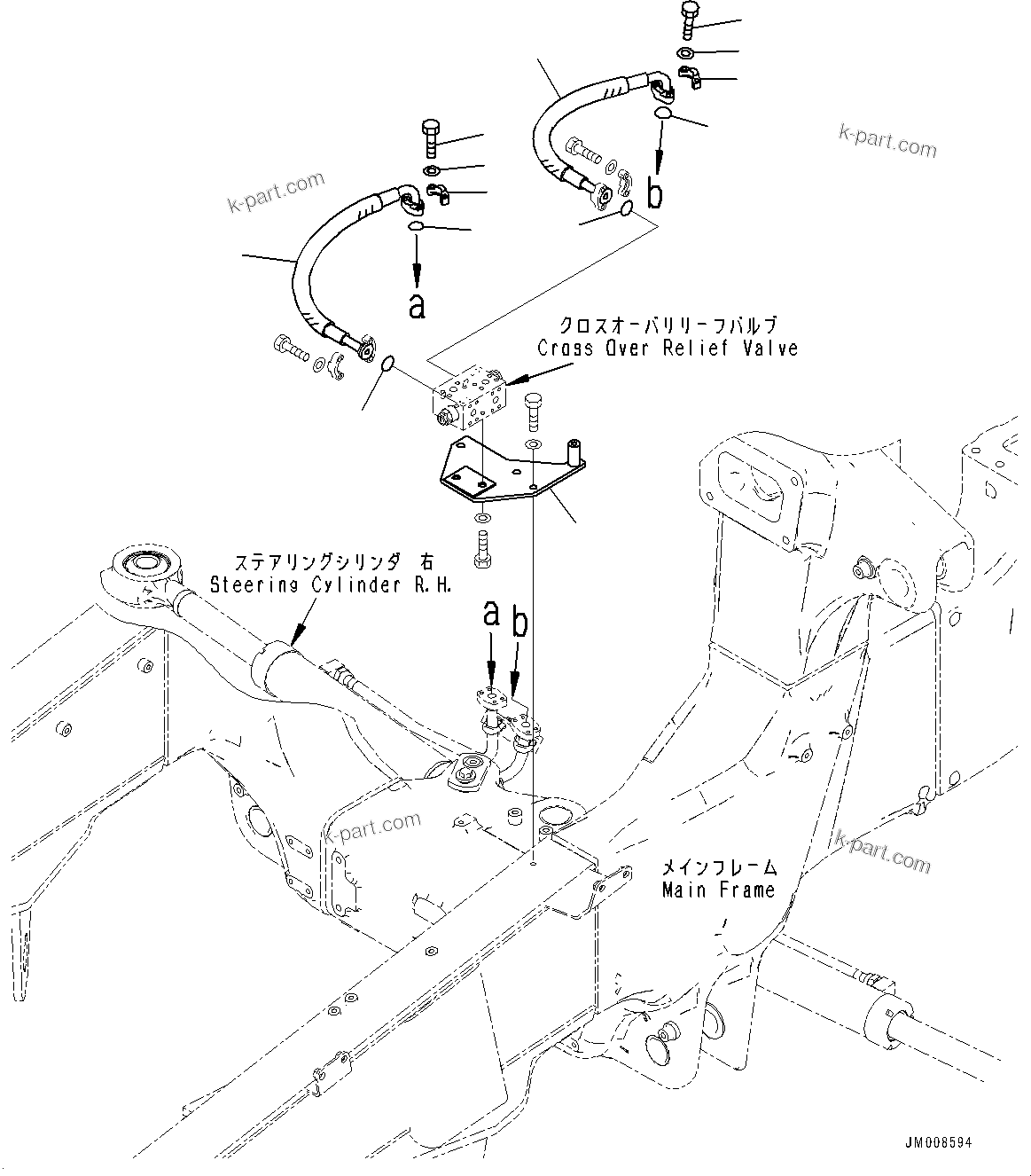 Komatsu parts book diagram for HD605-8 S/N 30072-UP (For KAL): STEERING AND HOIST HYDRAULIC PIPING, STEERING CYLINDER PIPING, R.H. (#30001-)
