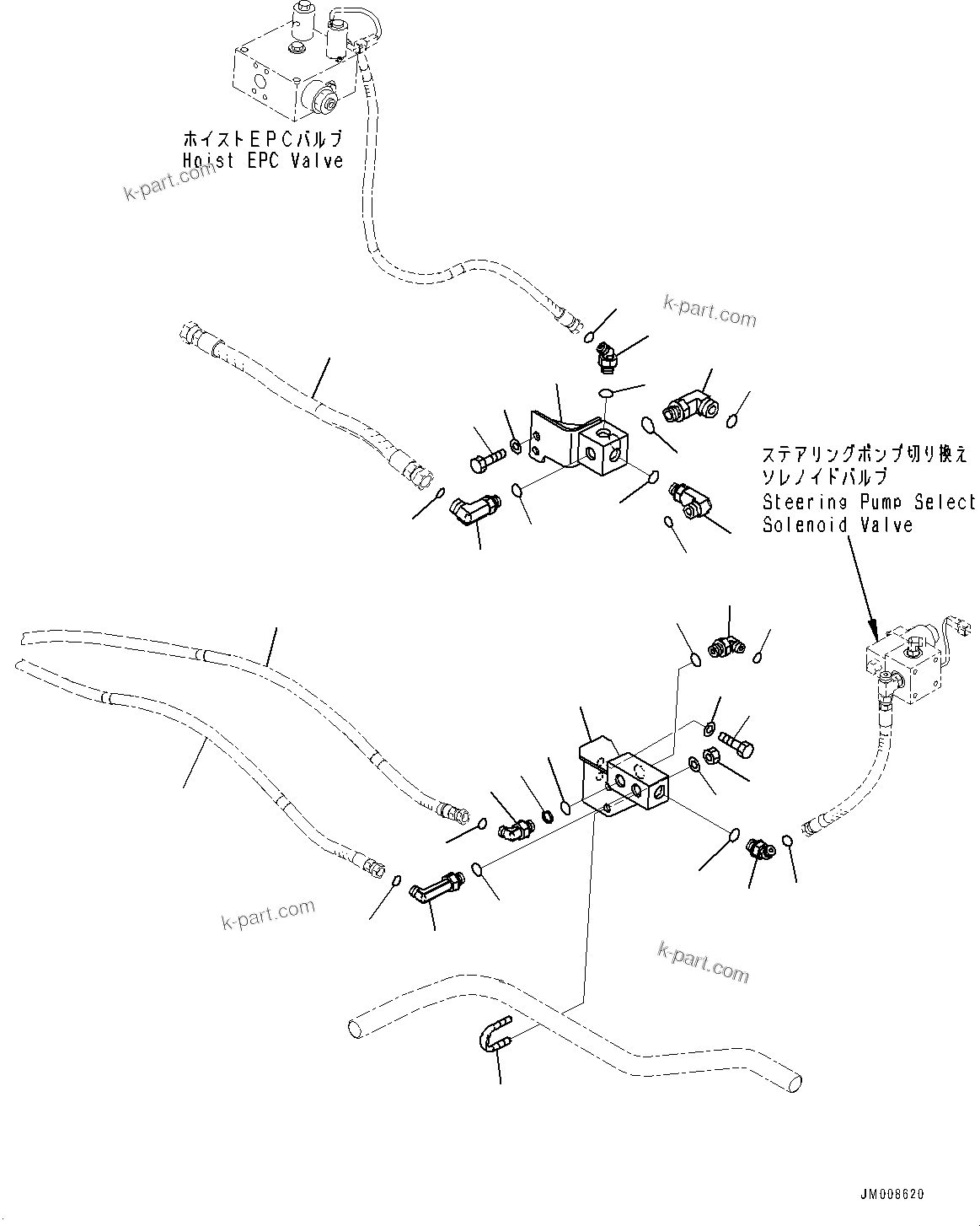 Komatsu parts book diagram for HD605-8 S/N 30072-UP (For KAL): STEERING AND HOIST HYDRAULIC PIPING, DRAIN BLOCK (#30001-)