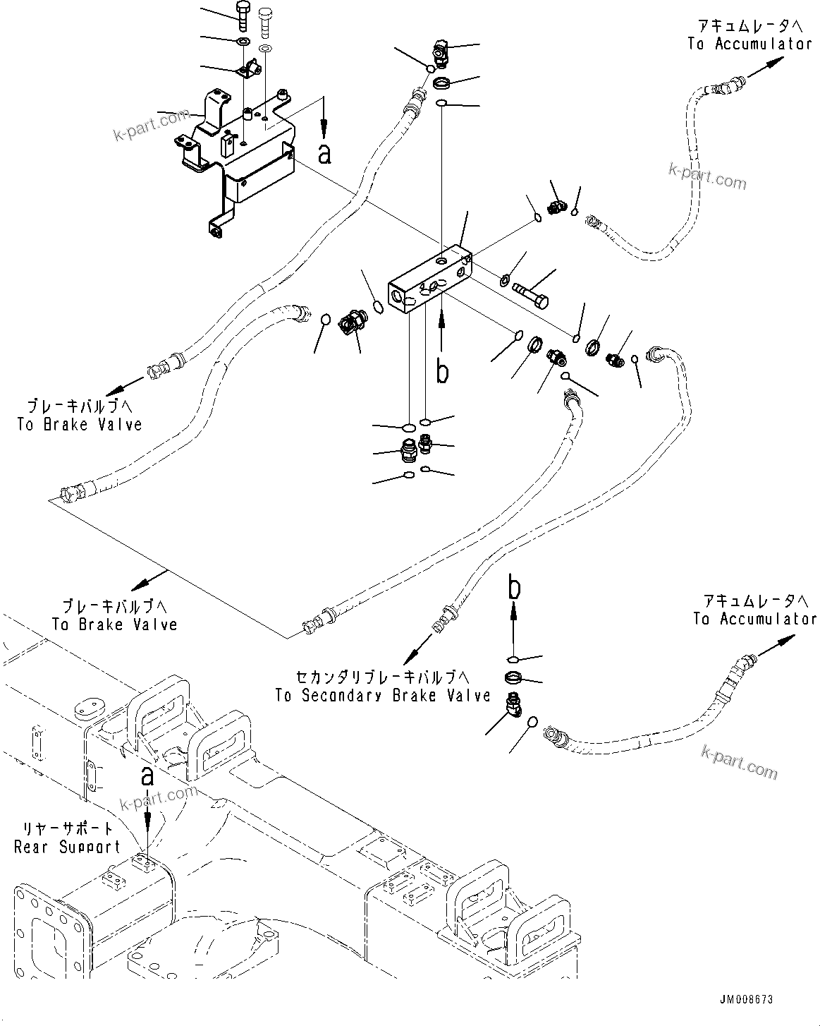 Komatsu parts book diagram for HD605-8 S/N 30072-UP (For KAL): BRAKE PIPING, BLOCK (#30001-)