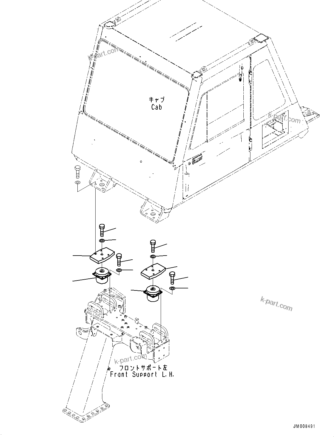 Komatsu parts book diagram for HD605-8 S/N 30072-UP (For KAL): FRONT SUPPORT, CAB MOUNTING (#30001-)