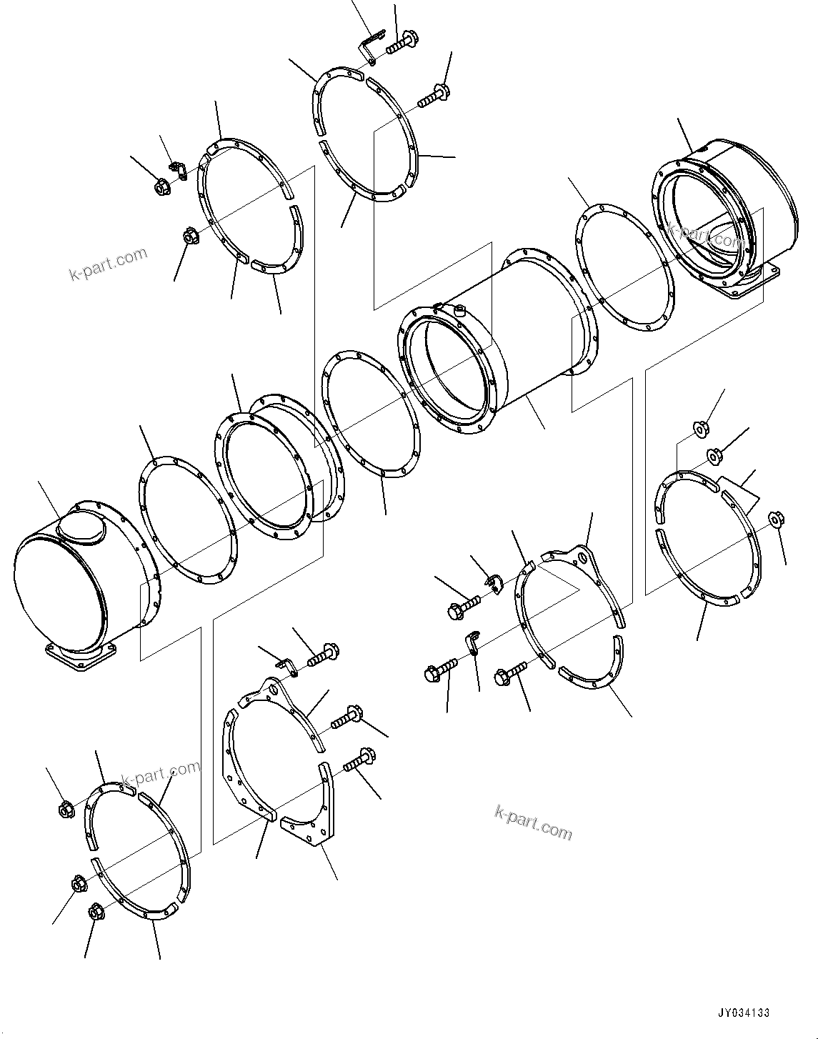 Komatsu parts book diagram for HD605-8 S/N 30072-UP (For KAL): EXHAUST PIPING, INNER PARTS, KOMATSU DIESEL PARTICULATE FILTER (KDPF) A (1/2) (#30001-)