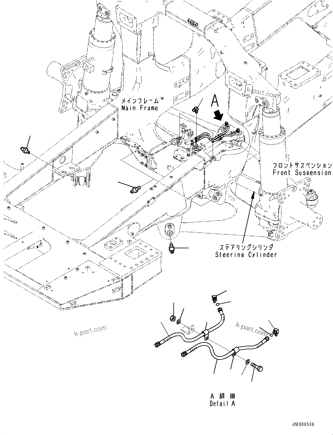 Komatsu parts book diagram for HD605-8 S/N 30072-UP (For KAL): STEERING LINKAGE, LUBRICATION PIPING (2/2) (#30001-)