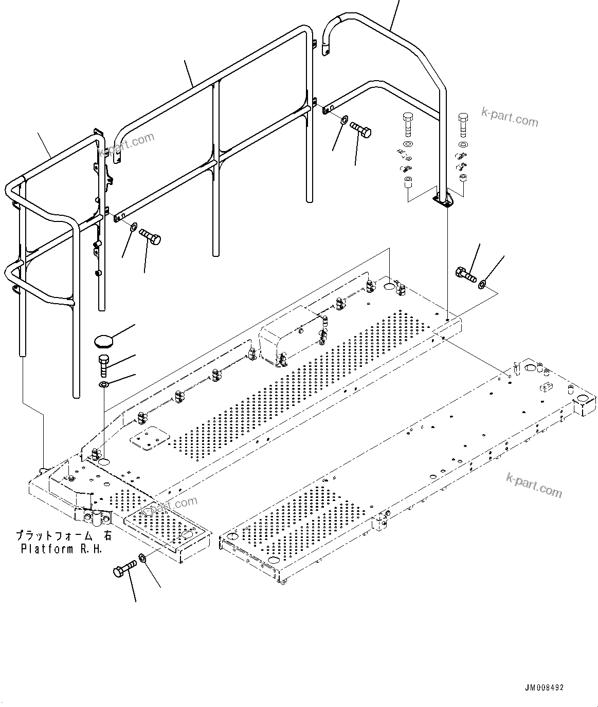 Komatsu parts book diagram for HD605-8 S/N 30072-UP (For KAL): SIDE PLATFORM, RELATED PARTS, R.H. (WITH REARVIEW MIRROR, HEATED) (#30001-)