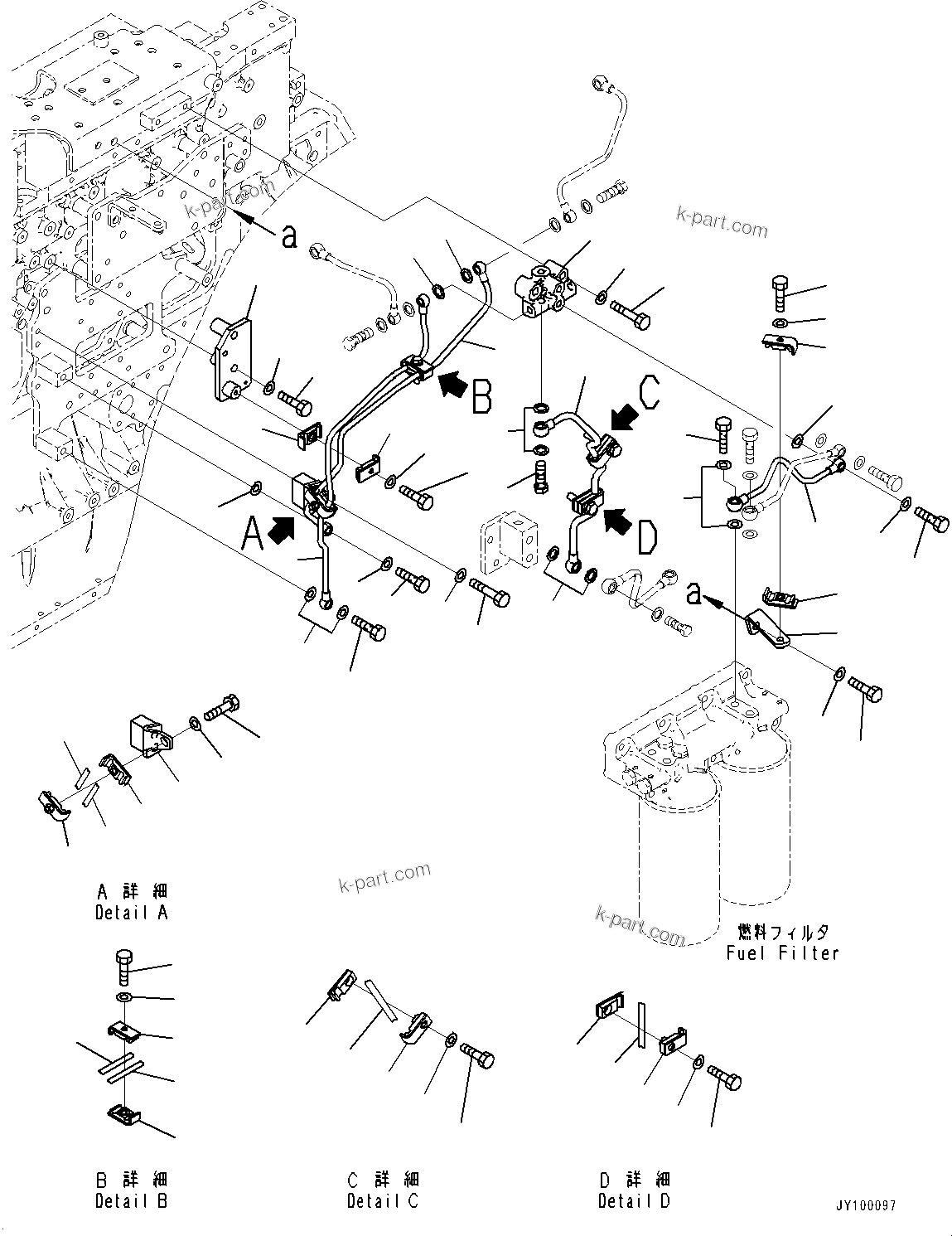 Komatsu parts book diagram for SAA6D170E-7D S/N 710161-UP (For PC1250-11/PC1250LC-11): FUEL FILTER, FUEL DOSER SHUT-OFF VALVE PIPING (1/2) (#710161-)