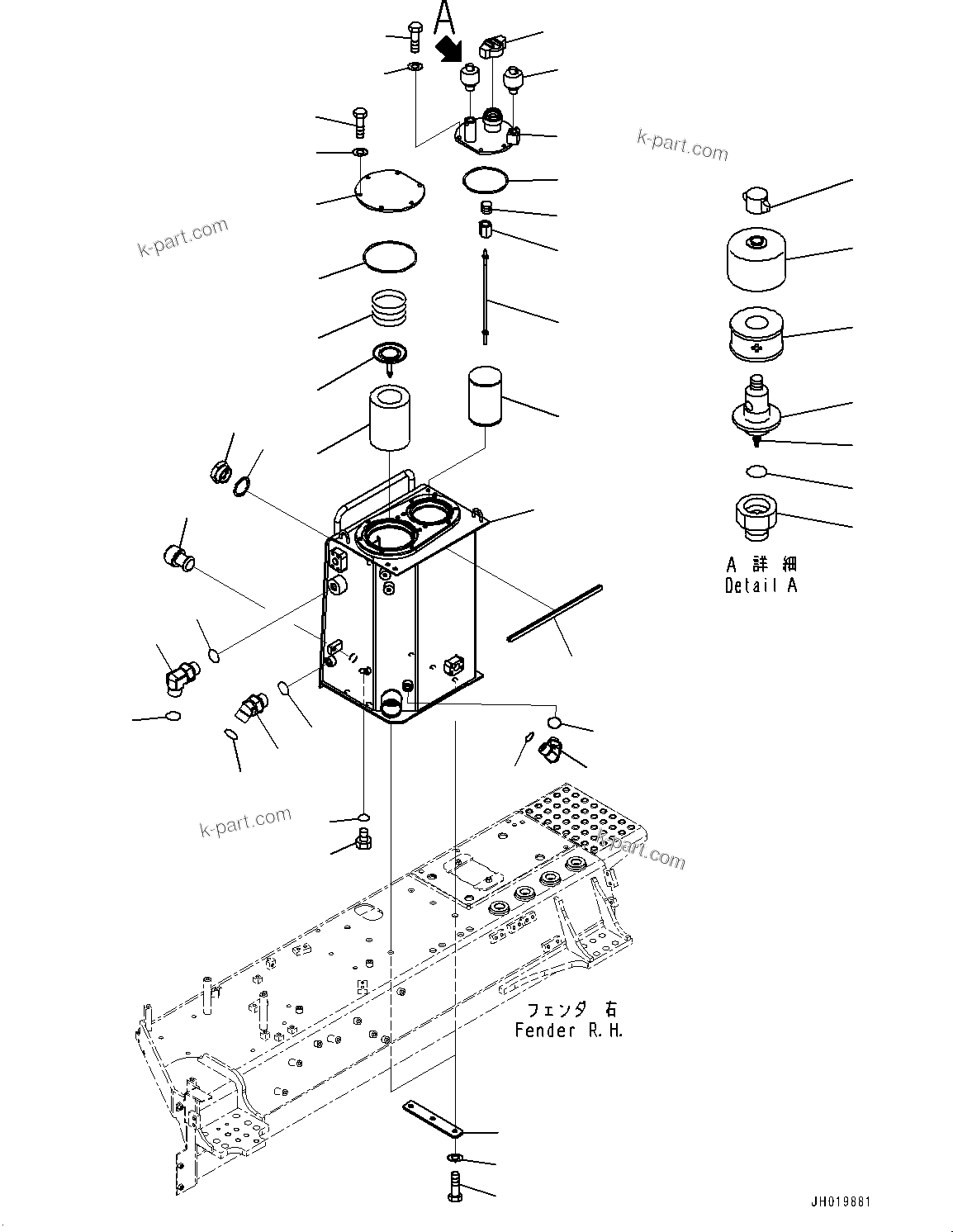 Komatsu parts book diagram for D85EXI-18E0 S/N 23363-UP: FENDER, HYDRAULIC TANK(#23046-23210)
