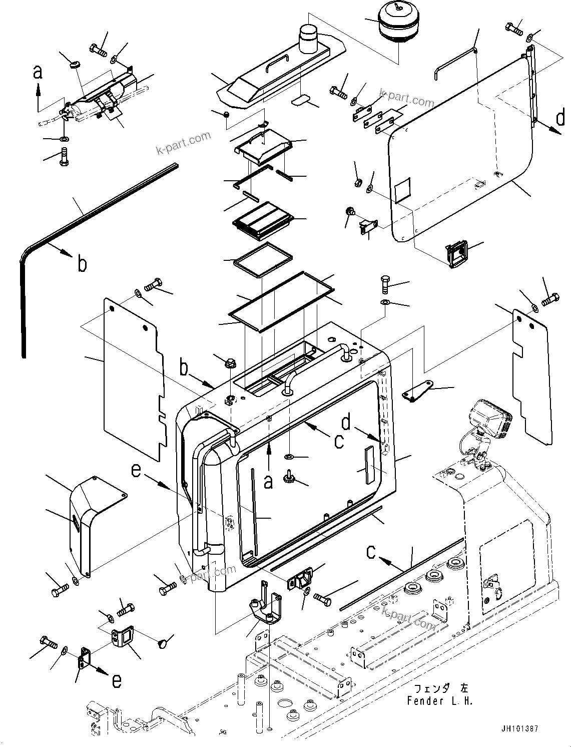 Komatsu parts book diagram for D85EXI-18E0 S/N 23363-UP: FENDER RELATED PARTS, BATTERY COVER (WITH PRE-CLEANER)(#22083-)