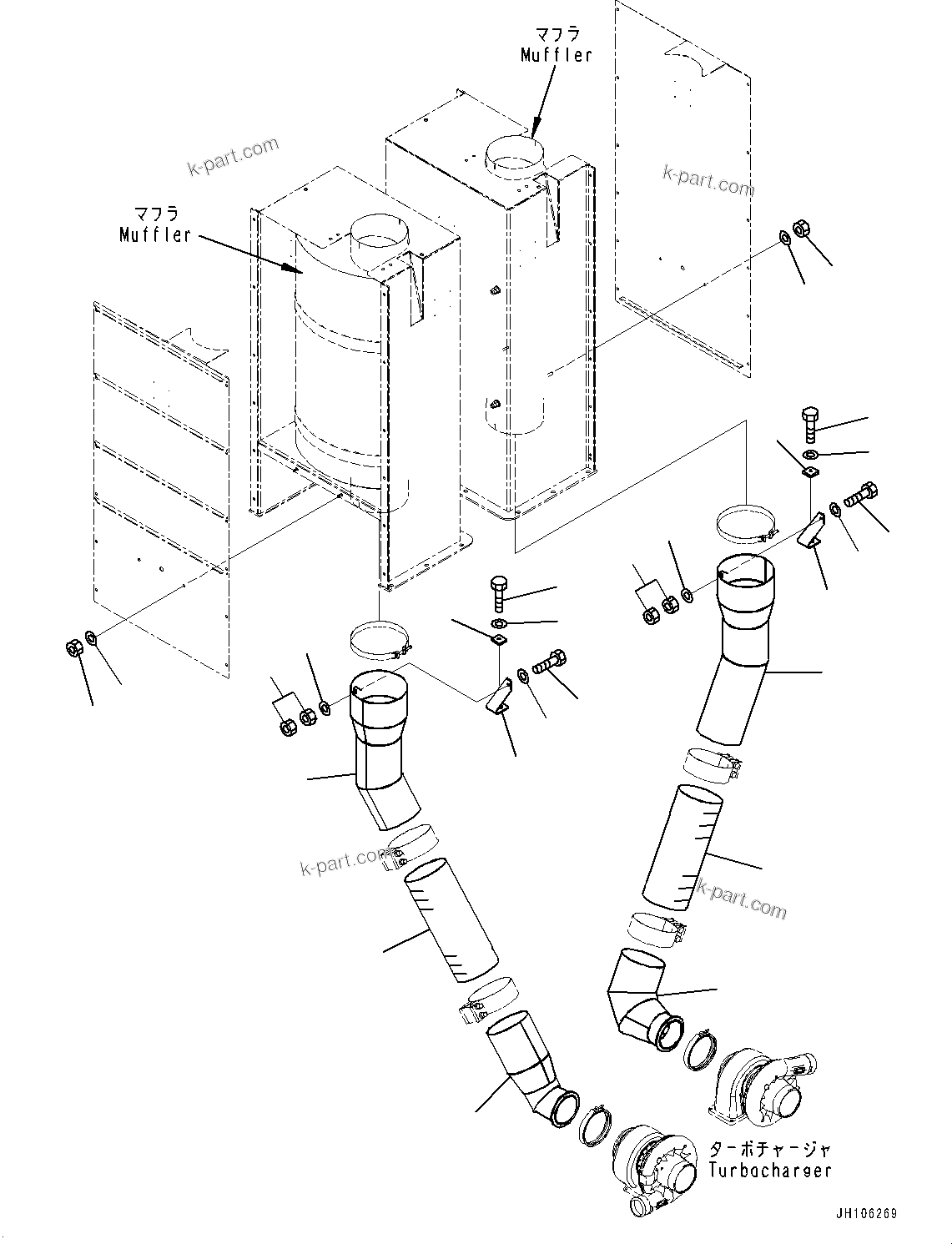 Komatsu parts book diagram for PC3400-11M0 S/N 36301-UP: EXHAUST, EXHAUST MUFFLER RELATED PARTS (2/3)(#36301-)
