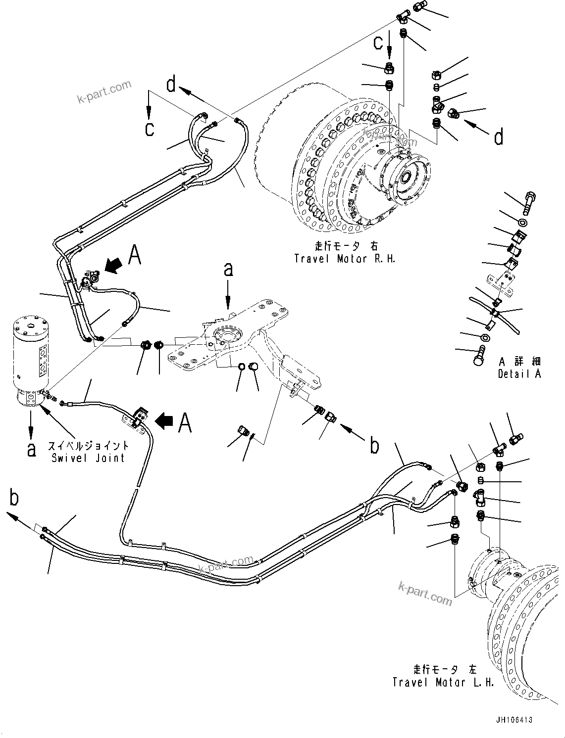 Komatsu parts book diagram for PC3400-11M0 S/N 36301-UP: TRAVEL PIPING, HOSE AND CLAMP(#36301-)