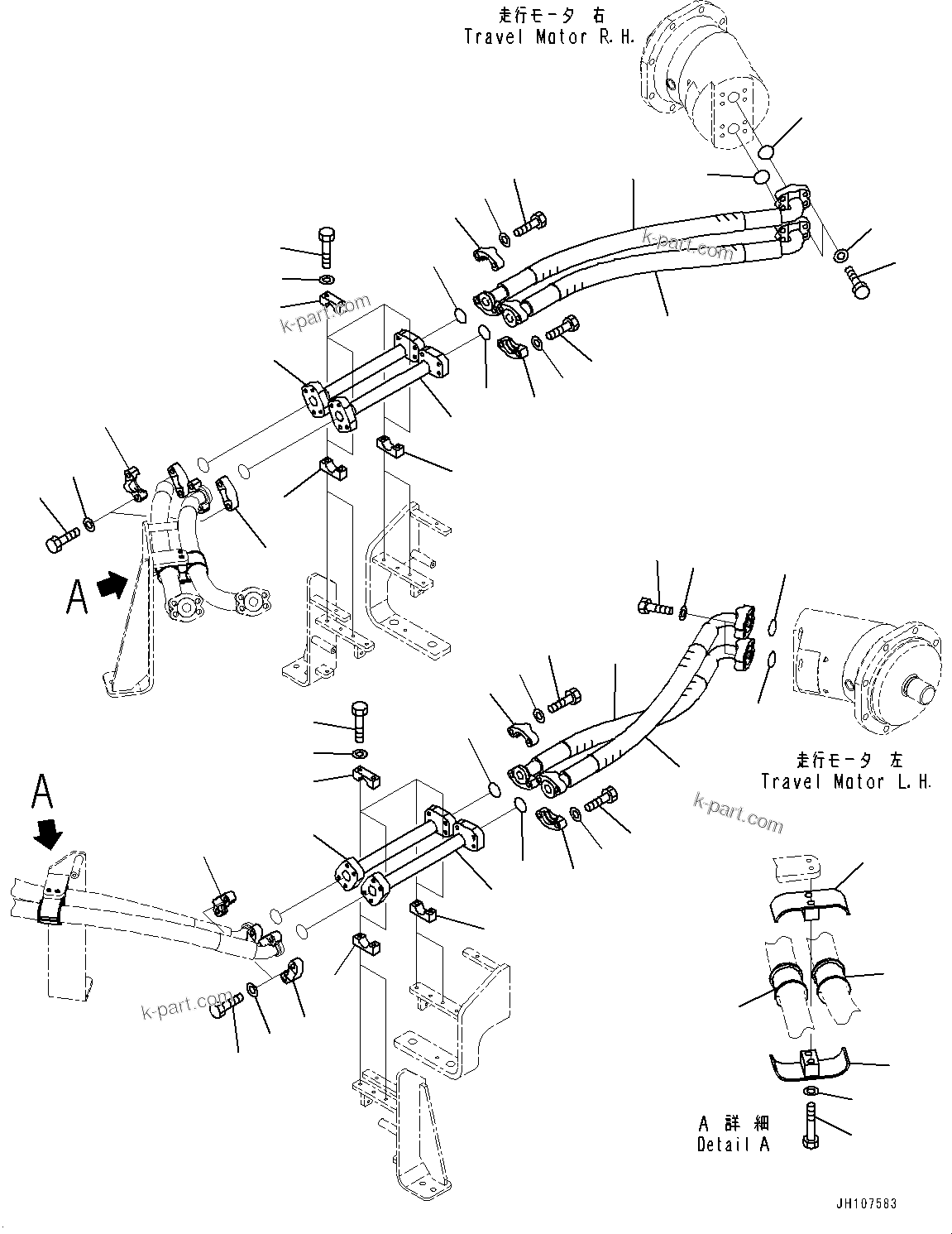 Komatsu parts book diagram for PC3400-11M0 S/N 36301-UP: TRAVEL PIPING, TUBE AND HOSE (2/2)(#36301-)