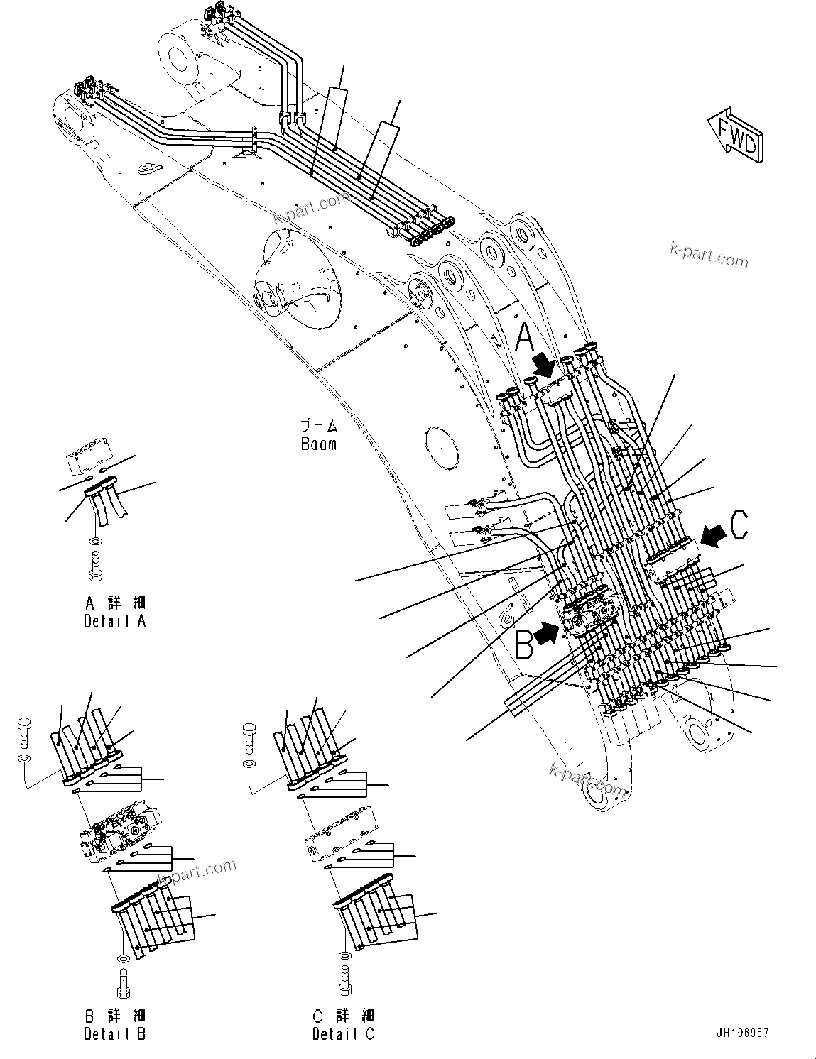 Komatsu parts book diagram for PC3400-11M0 S/N 36301-UP: BOOM, TUBE (9000MM)(#36301-)