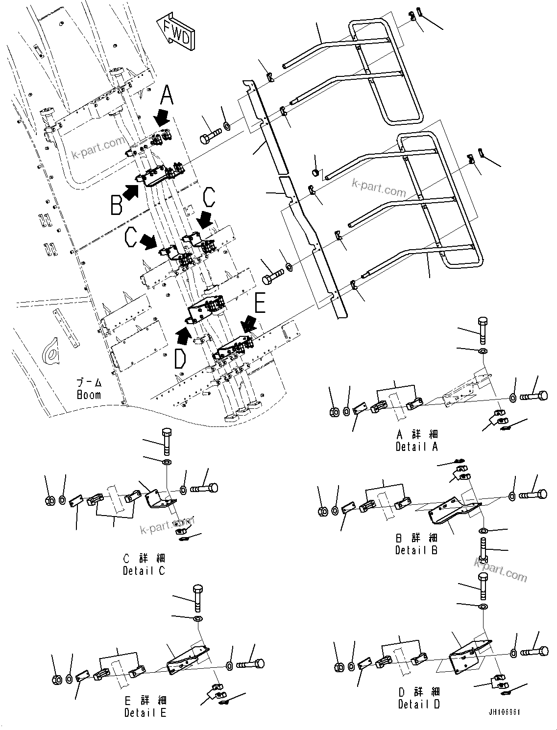 Komatsu parts book diagram for PC3400-11M0 S/N 36301-UP: BOOM, HANDRAIL (1/3) (9000MM)(#36301-)