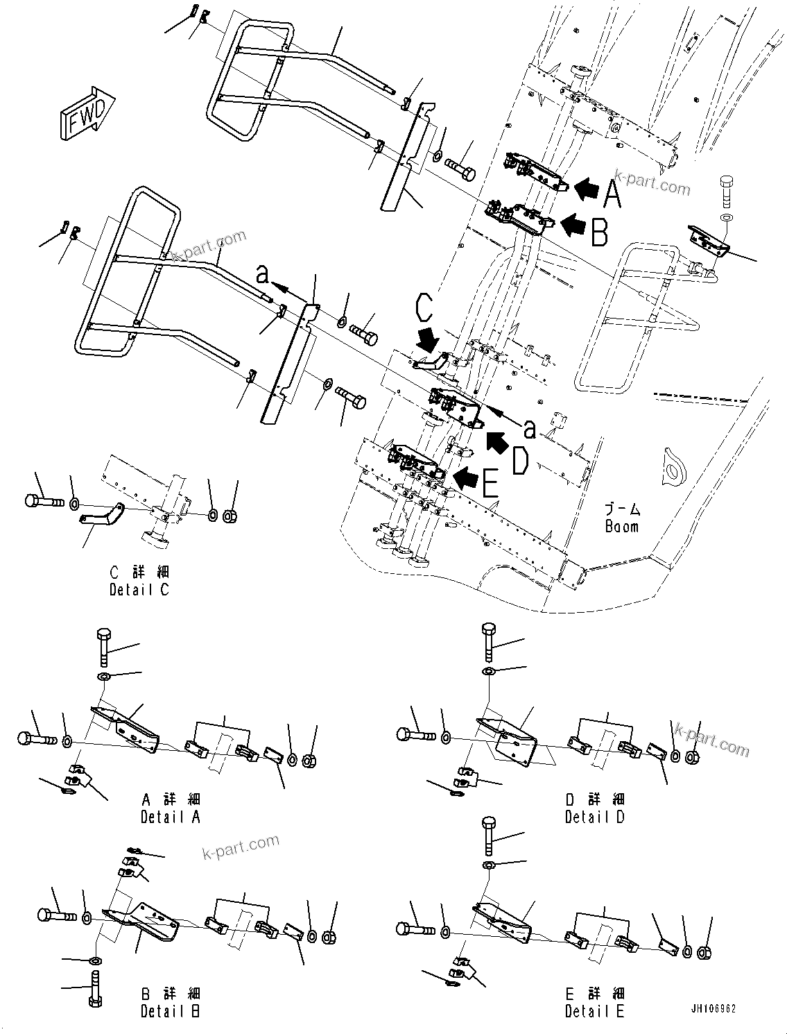 Komatsu parts book diagram for PC3400-11M0 S/N 36301-UP: BOOM, HANDRAIL (2/3) (9000MM)(#36301-)