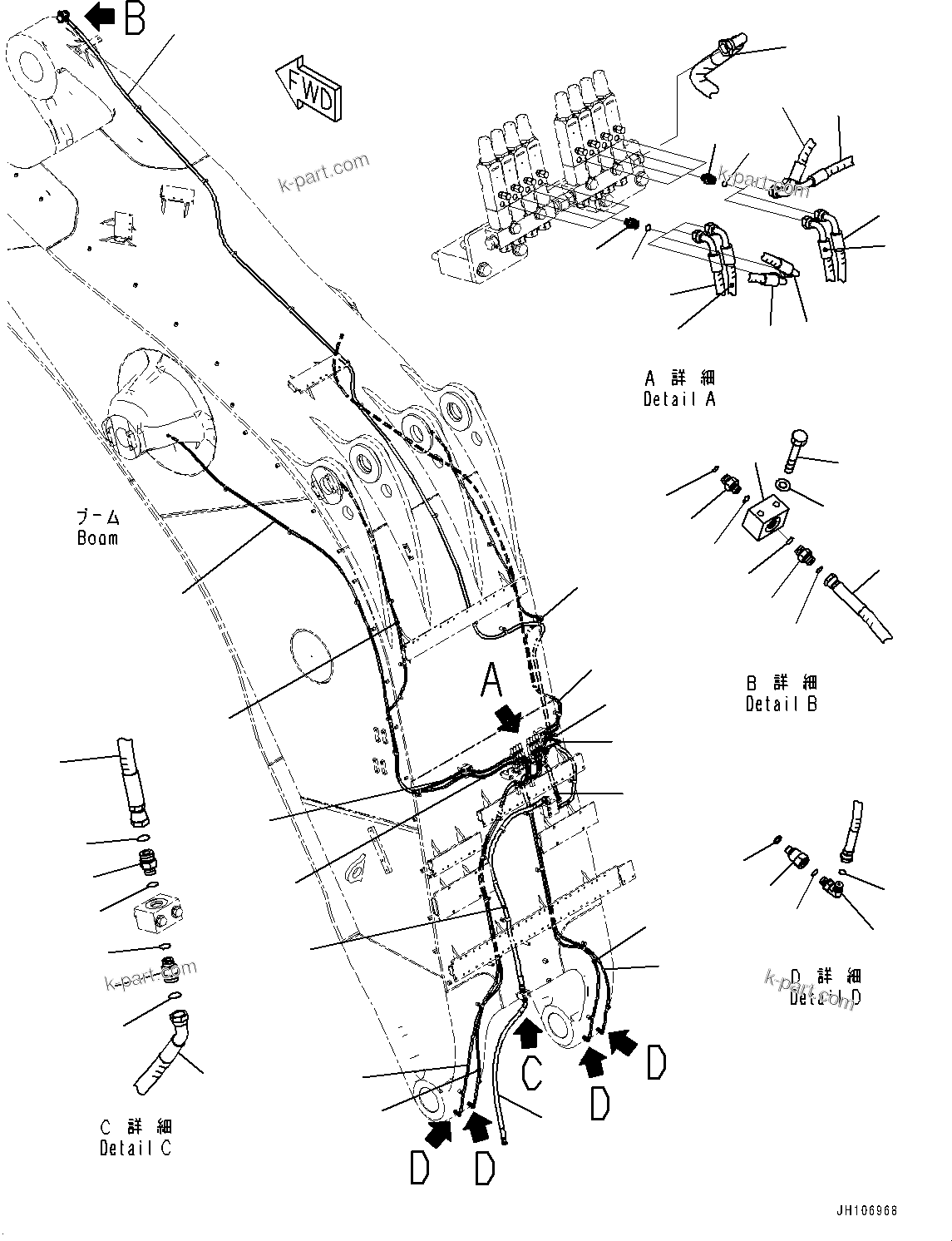 Komatsu parts book diagram for PC3400-11M0 S/N 36301-UP: BOOM, LUBRICATION PIPING (9000MM)(#36301-)