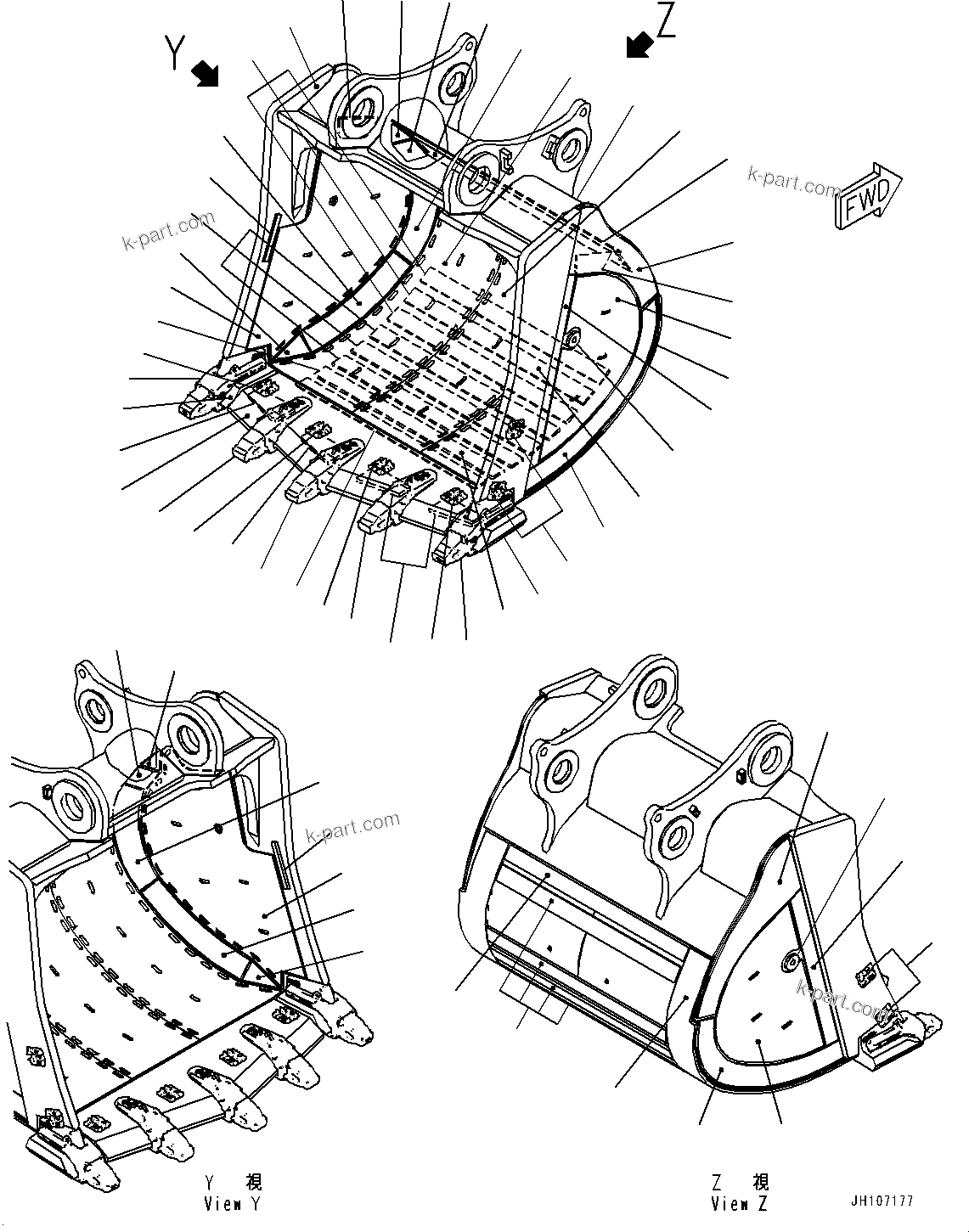 Komatsu parts book diagram for PC3400-11M0 S/N 36301-UP: BUCKET, (18.0M3, XS TOOTH, CHROMUIM CARBIDE COATING)(#36301-)