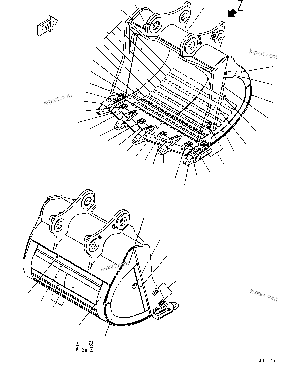 Komatsu parts book diagram for PC3400-11M0 S/N 36301-UP: BUCKET, (19.7M3, XS TOOTH)(#36301-)