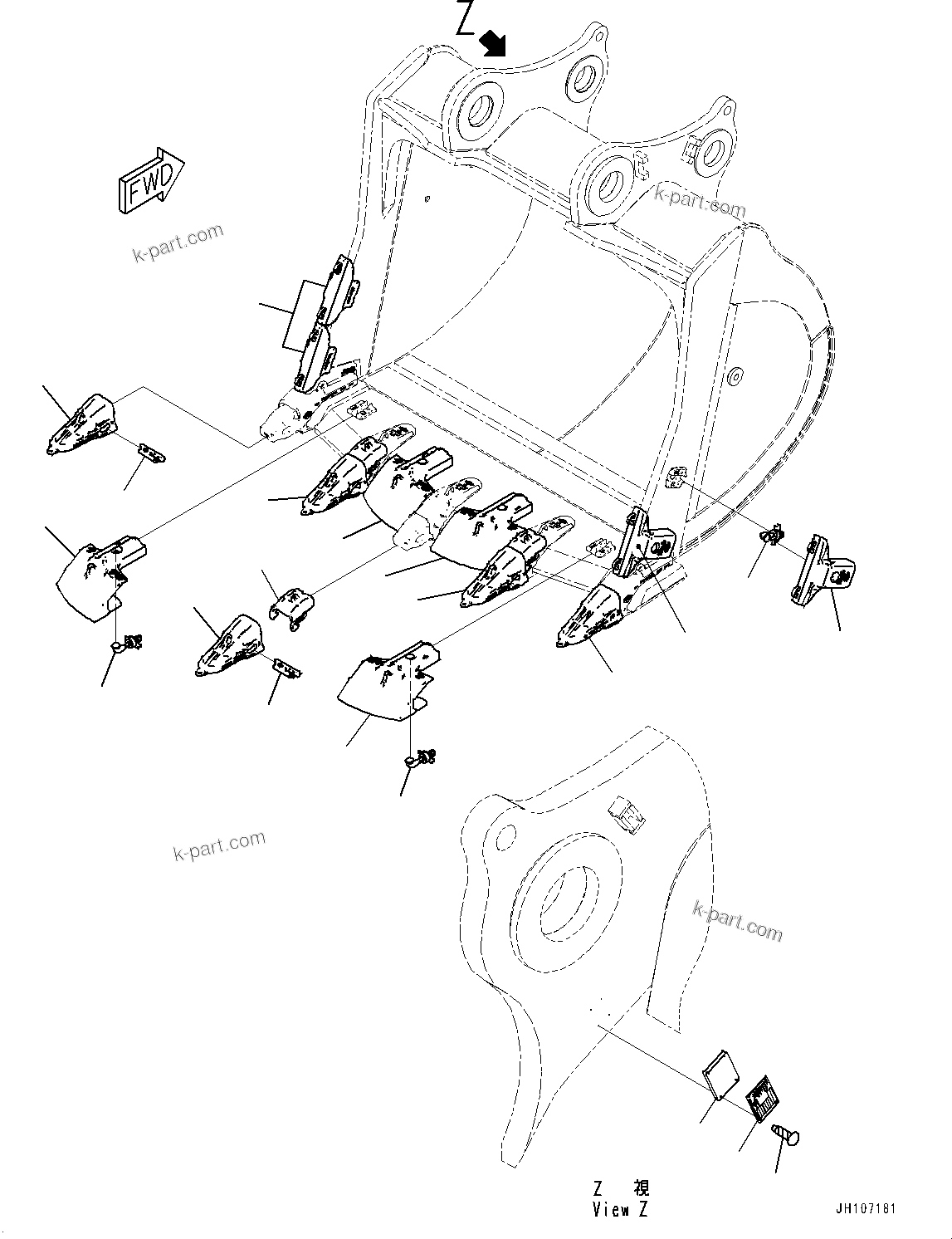 Komatsu parts book diagram for PC3400-11M0 S/N 36301-UP: BUCKET, TOOTH AND SIDE SHROUD (19.7M3, XS TOOTH)(#36301-)