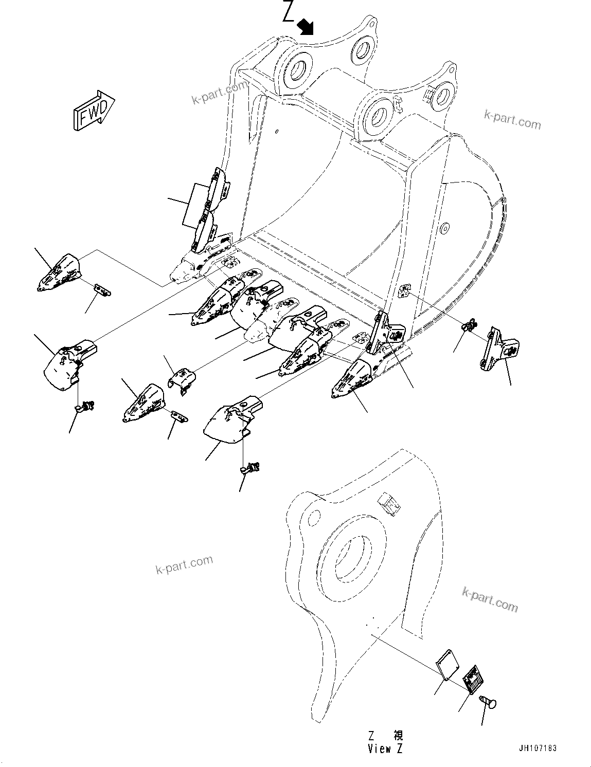 Komatsu parts book diagram for PC3400-11M0 S/N 36301-UP: BUCKET, TOOTH AND SIDE SHROUD (18.0M3, XS TOOTH)(#36301-)