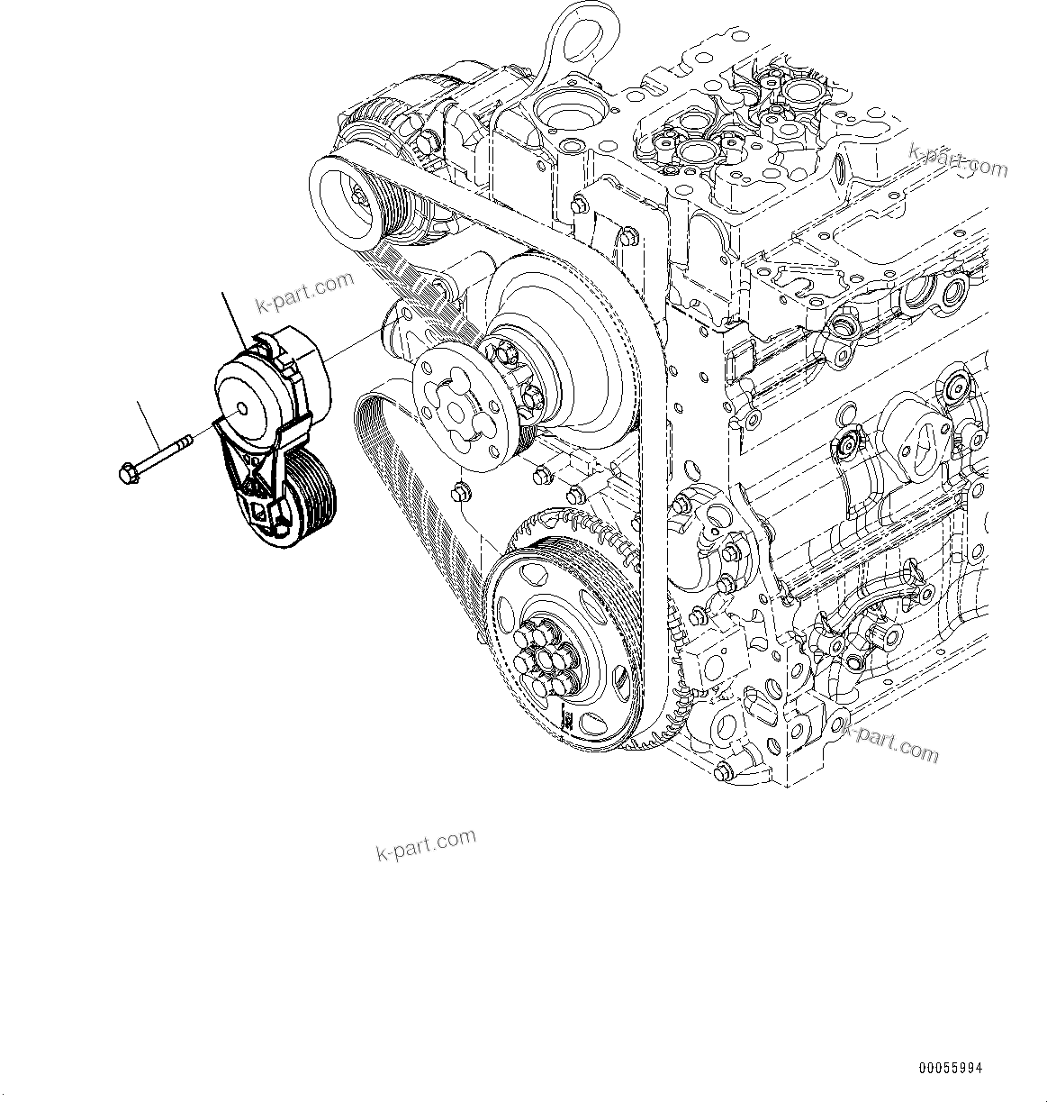 Komatsu parts book diagram for SAA4D107E-1 S/N 26739553-UP (For PC200-10M0): COOLING FAN BELT TENSIONER, (#26739553-)