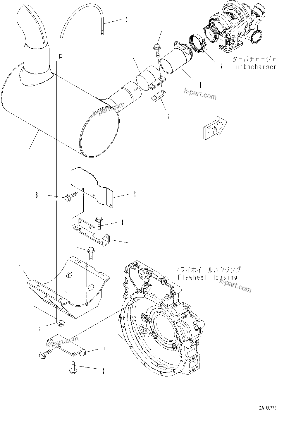 Komatsu parts book diagram for PC200LC-8M0 S/N C10001-UP: ENGINE ASSEMBLY, EXHAUST MUFFLER AND HEAT SHIELD, EXHAUST MUFFLER RELATED PARTS(#C10001-)