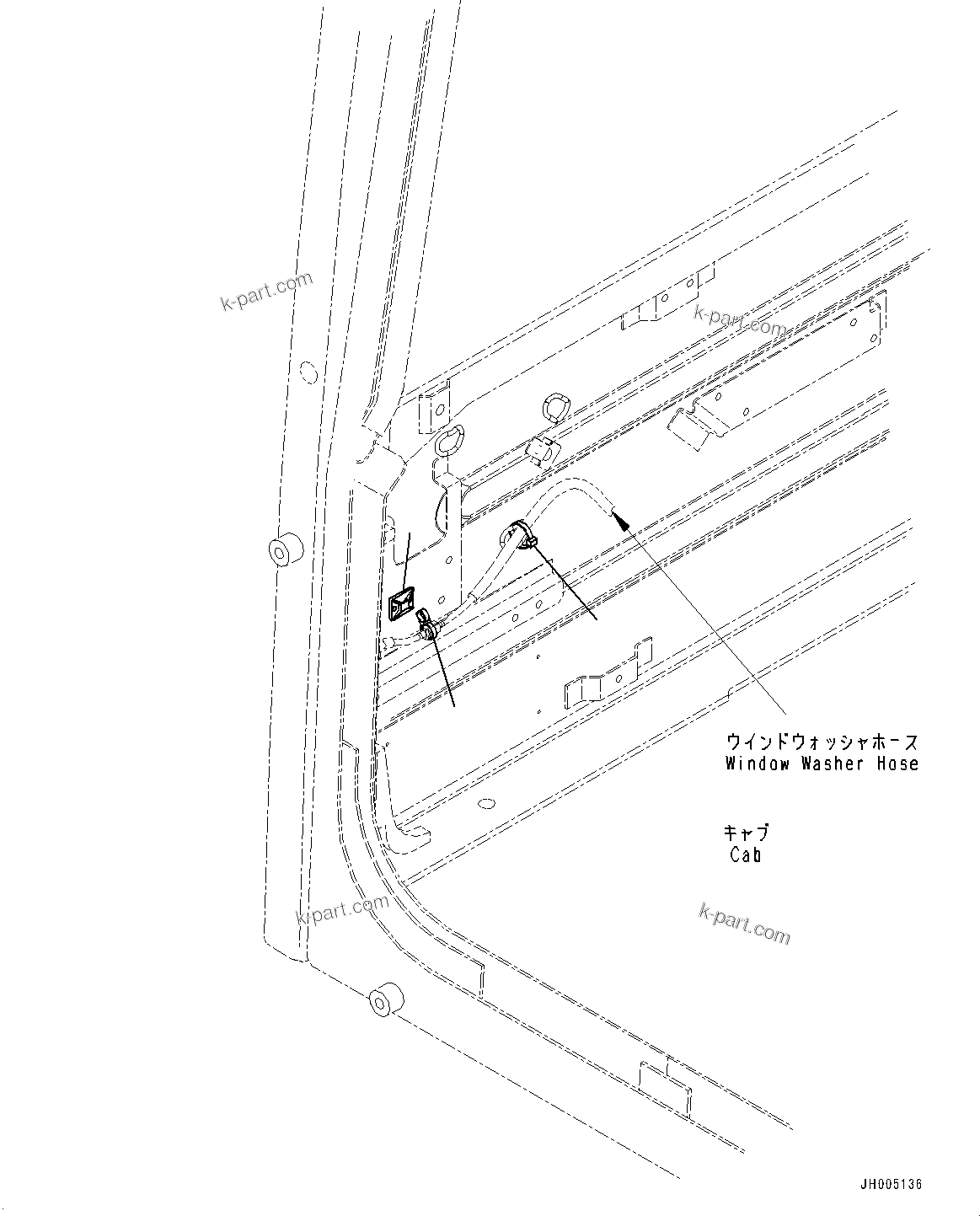 Komatsu parts book diagram for PC200LC-8M0 S/N C10001-UP: CAB, CAB IN PARTS, WASHER HOSE MOUNTING(#C13138-)