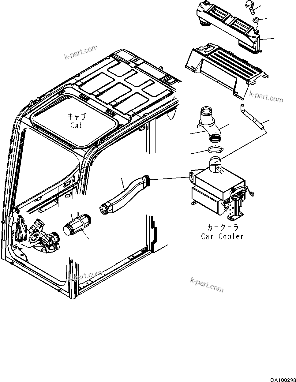 Komatsu parts book diagram for PC200LC-8M0 S/N C10001-UP: CAB, CAB IN PARTS, AIR DUCT, WITH CAR COOLER(#C10001-)