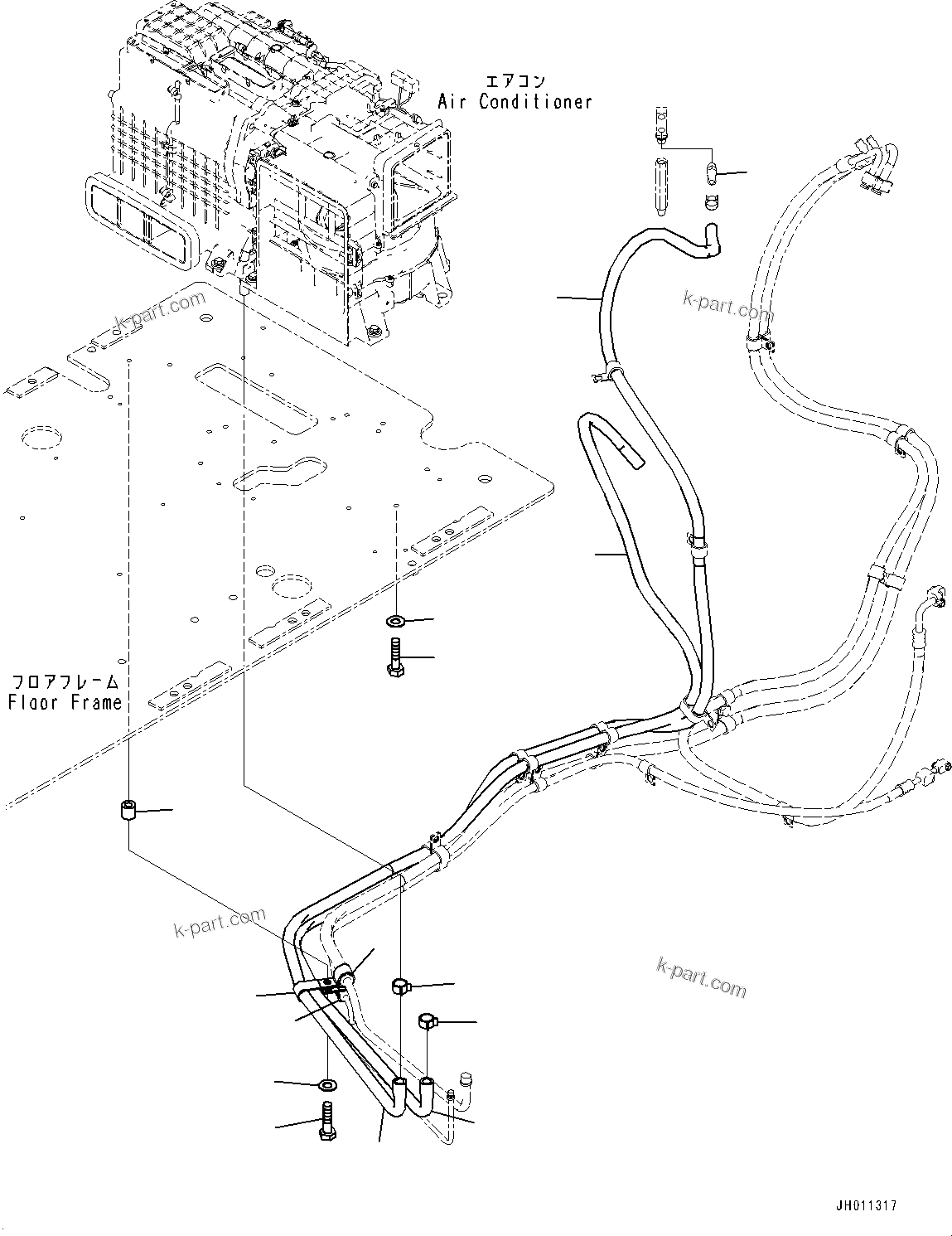 Komatsu parts book diagram for PC200LC-8M0 S/N C10001-UP: CAB, FLOOR, HEATER PIPING(#C10001-)