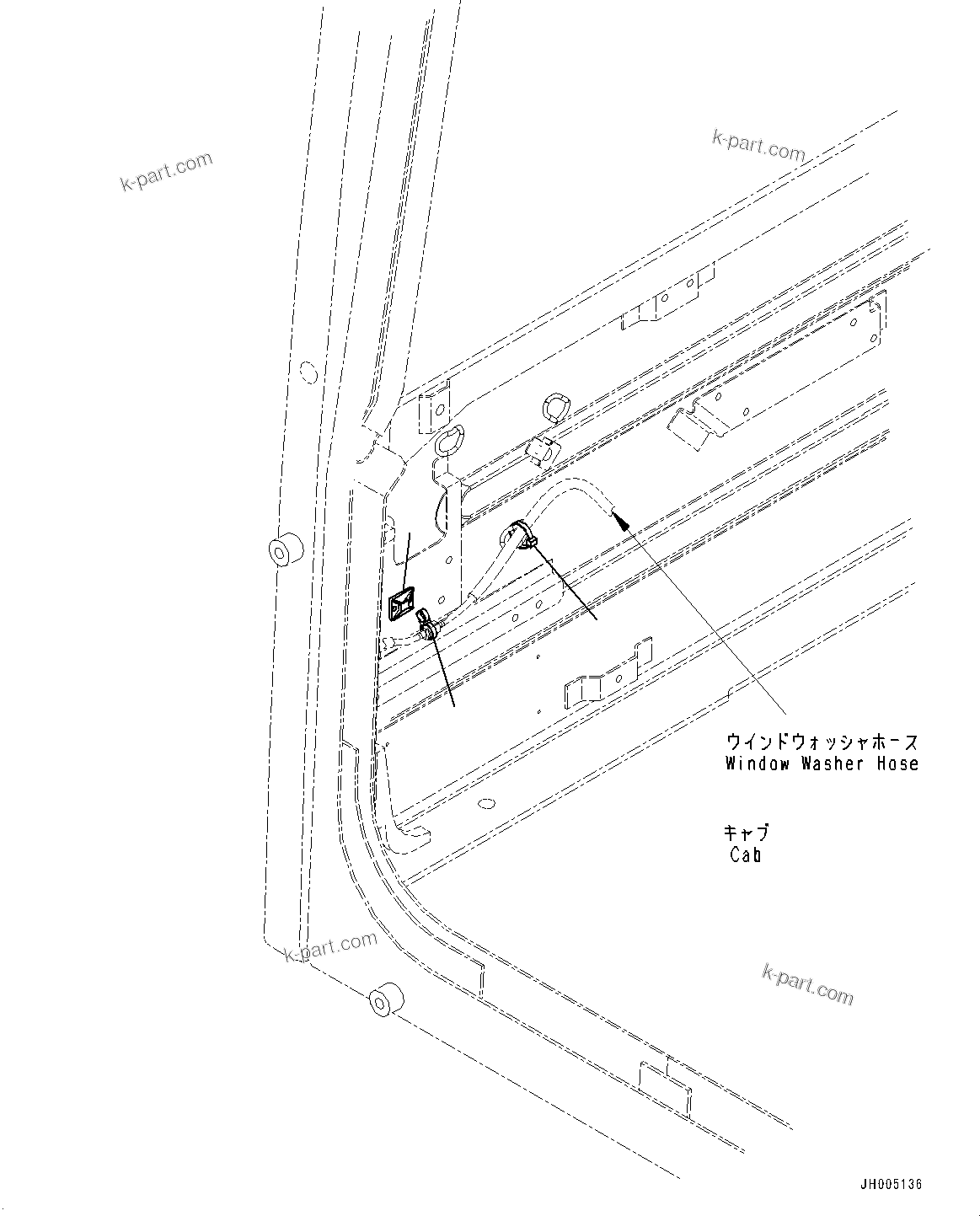 Komatsu parts book diagram for PC300-8M2 S/N 80001-UP: CAB, CAB IN PARTS, WASHER HOSE MOUNTING(#80001-)