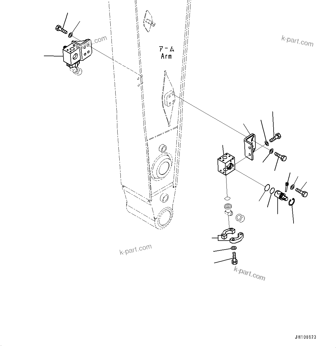 Komatsu parts book diagram for PC300-8M2 S/N 80001-UP: ARM, VALVE FOR ADDITIONAL PIPING (2200MM, HEAVY DUTY TYPE, 1-ATTACHMENT, 100 HOURS LUBRICATION INTERVAL, NORTH AMERICA AND LATIN