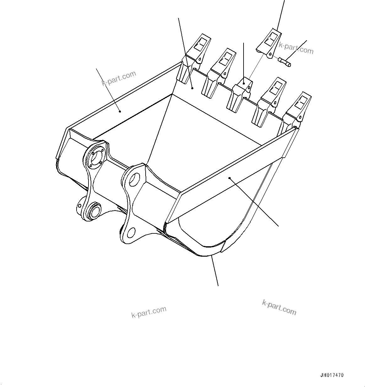 Komatsu parts book diagram for PC300-8M2 S/N 80001-UP: BUCKET, (1.80M3, 1700MM WIDTH, HORIZONTAL PIN TYPE)(#80631-)