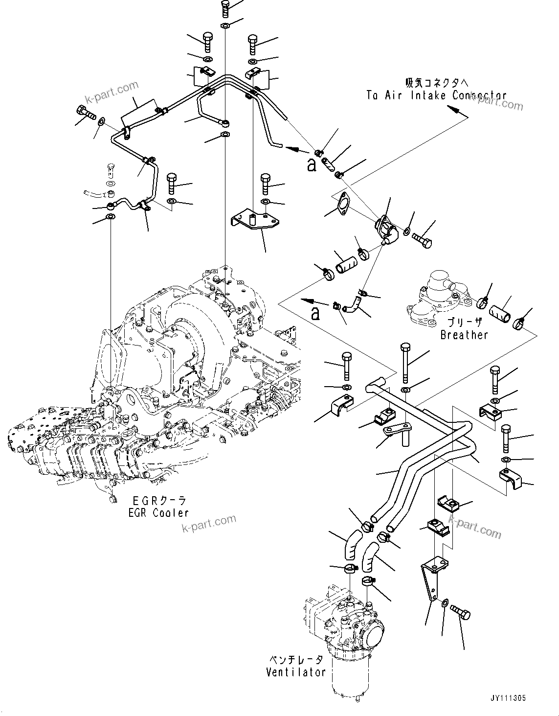 Komatsu parts book diagram for SAA6D140E-7 S/N 837398-UP (For GD955-7): KOMATSU CLOSED CRANKCASE VENTILATION (KCCV), VENTILATOR PIPING(#837398-)