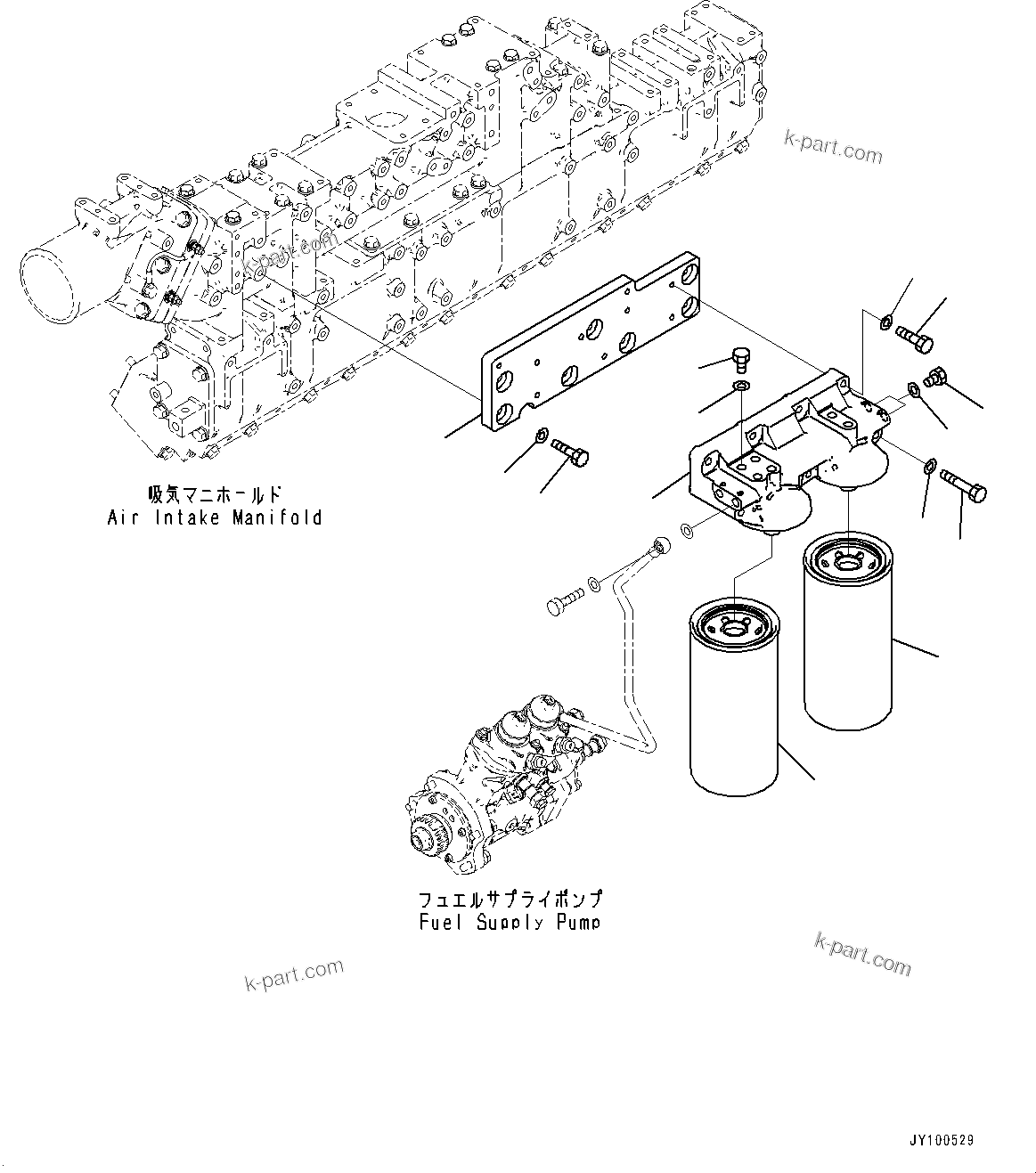 Komatsu parts book diagram for SAA12V140E-7 S/N 900006-UP (For PC2000-11R): FUEL FILTER, FUEL FILTER AND BRACKET(#900125-)