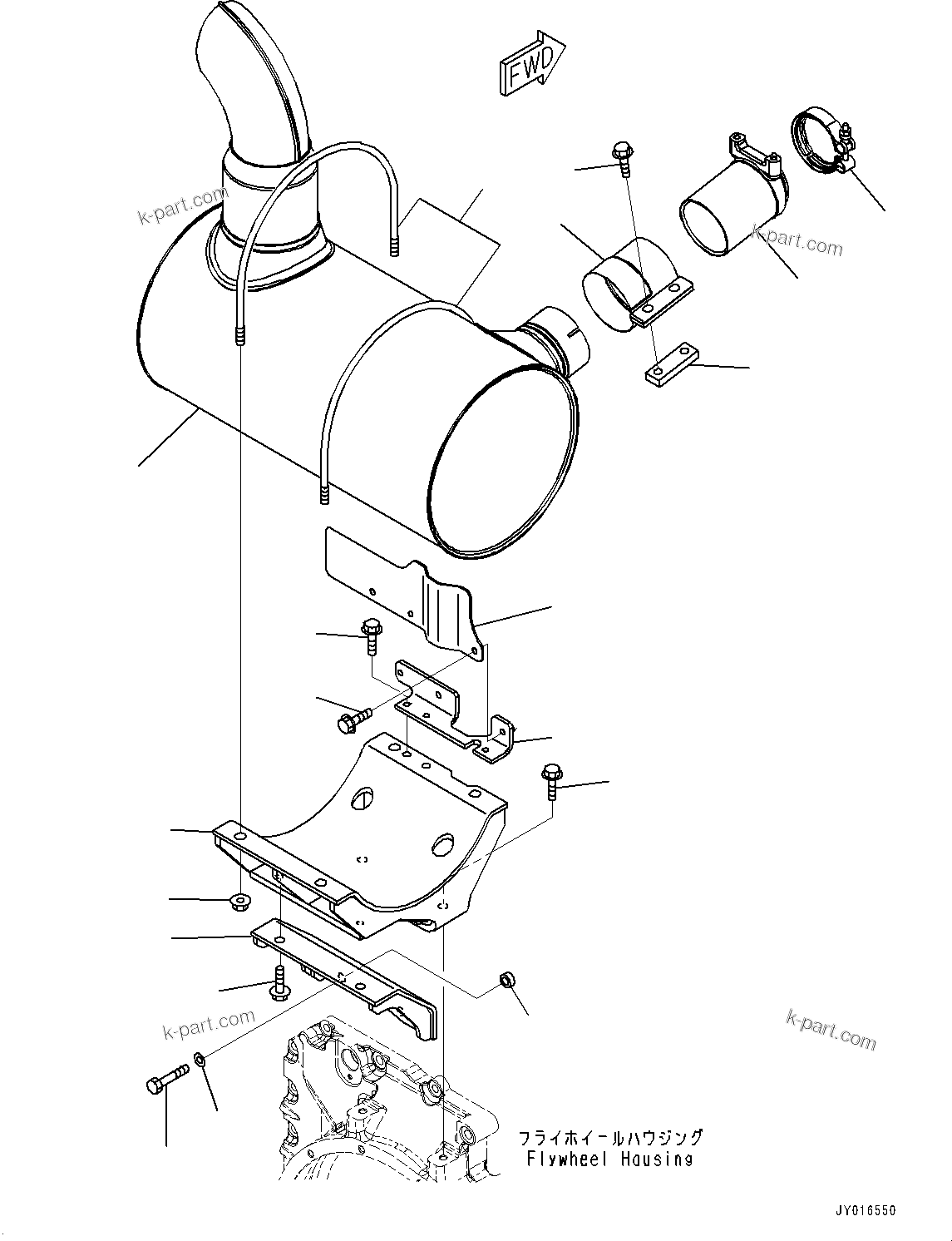 Komatsu parts book diagram for SAA4D107E-1 S/N 26527701-UP (For PC160LC-8): EXHAUST MUFFLER AND MOUNTING BRACKET, (#26527701-)