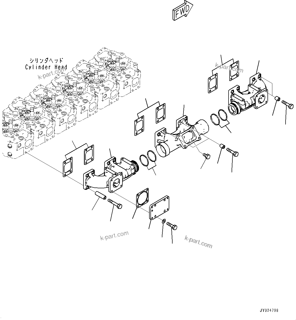 Komatsu parts book diagram for SAA6D140E-7 S/N 837072-UP (For PC900LC-11): EXHAUST MANIFOLD, (#837072-)