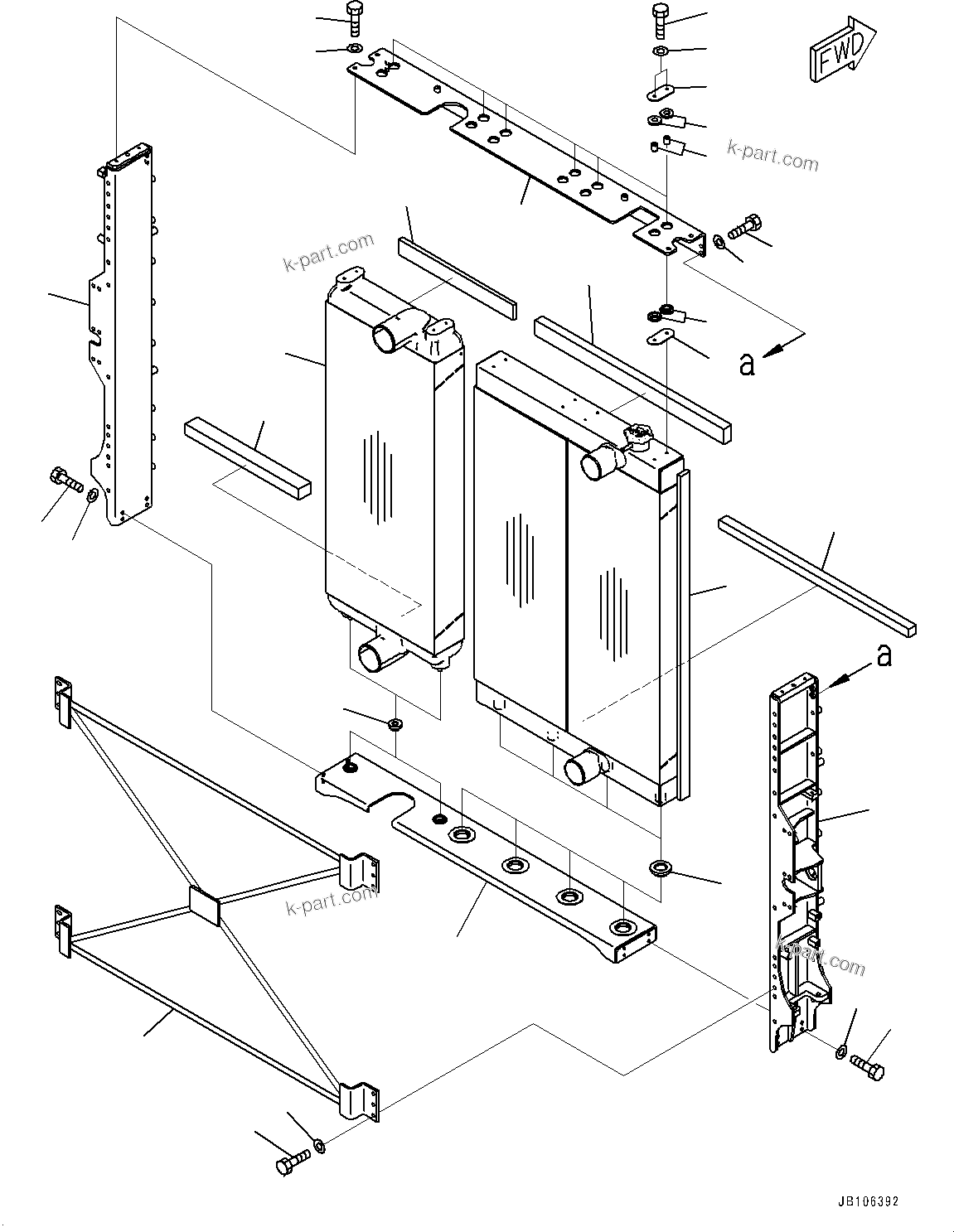 Komatsu parts book diagram for HD605-10 S/N 60001-UP: RADIATOR, RADIATOR CORE AND AFTERCOOLER(#60001-)
