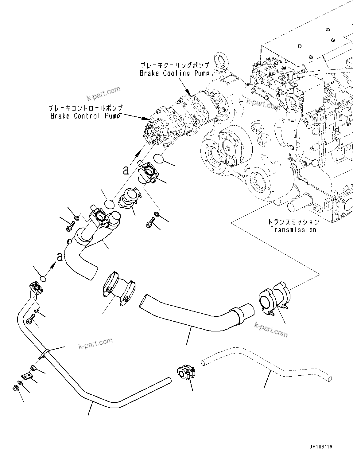 Komatsu parts book diagram for HD605-10 S/N 60001-UP: TORQUE CONVERTER AND TRANSMISSION, BRAKE COOLING PIPING (1/2)(#60001-)