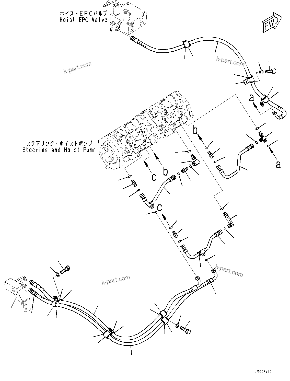 Komatsu parts book diagram for HD605-10 S/N 60001-UP: TORQUE CONVERTER AND TRANSMISSION, STEERING AND HOIST PIPING (3/4)(#60001-)